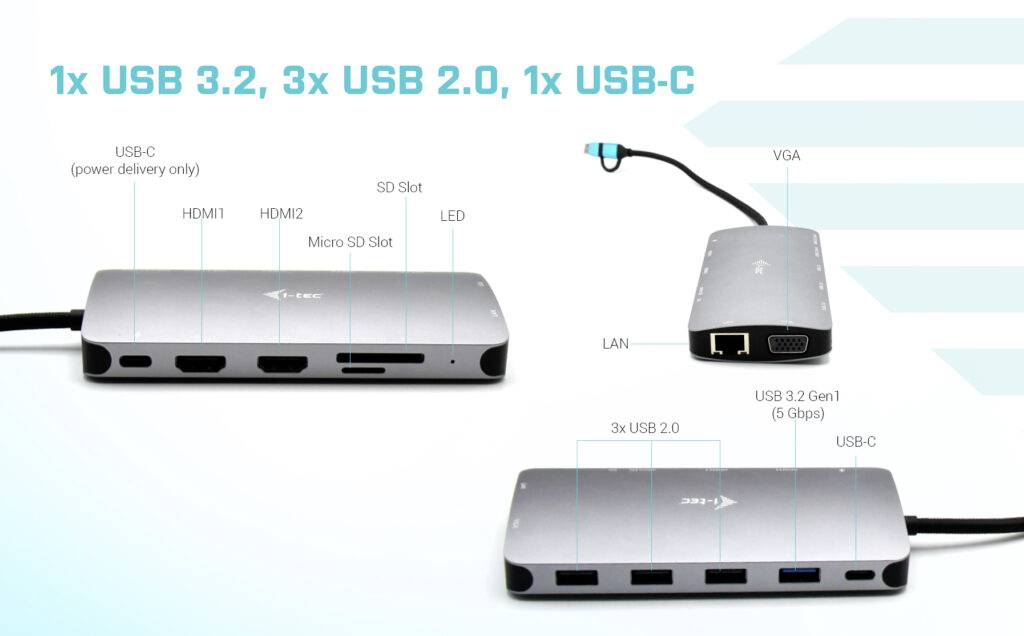 Hub mit Anschlüssen: 1x USB 3.2, 3x USB 2.0, 1x USB-C, HDMI, VGA, SD-Kartensteckplatz, LAN. Geeignet für vielseitige Anschlussmöglichkeiten.
