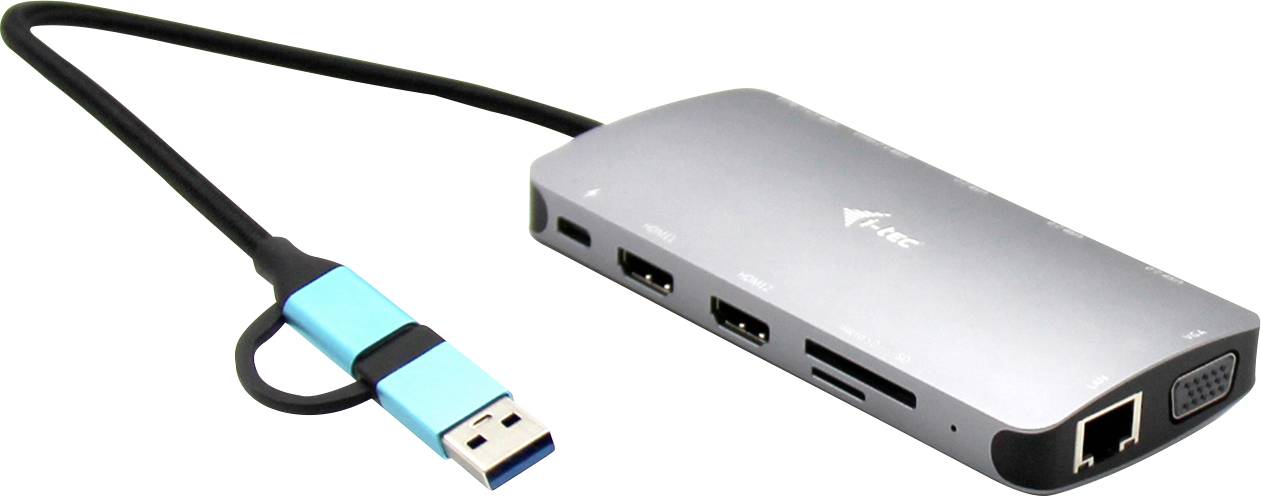 Ein silberner USB-C-Hub mit mehreren Anschlüssen, darunter HDMI, USB 3.0, Ethernet und SD-Kartenleser. Liegt auf weißem Hintergrund.