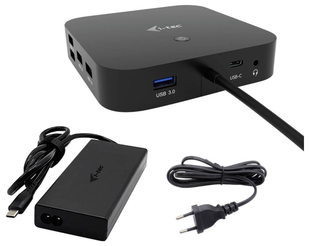 Ein schwarzer USB-C-Dockingstation-Hub mit mehreren Anschlüssen, darunter USB 3.0, USB-C und Audio. Separates Netzteil und Stromkabel.