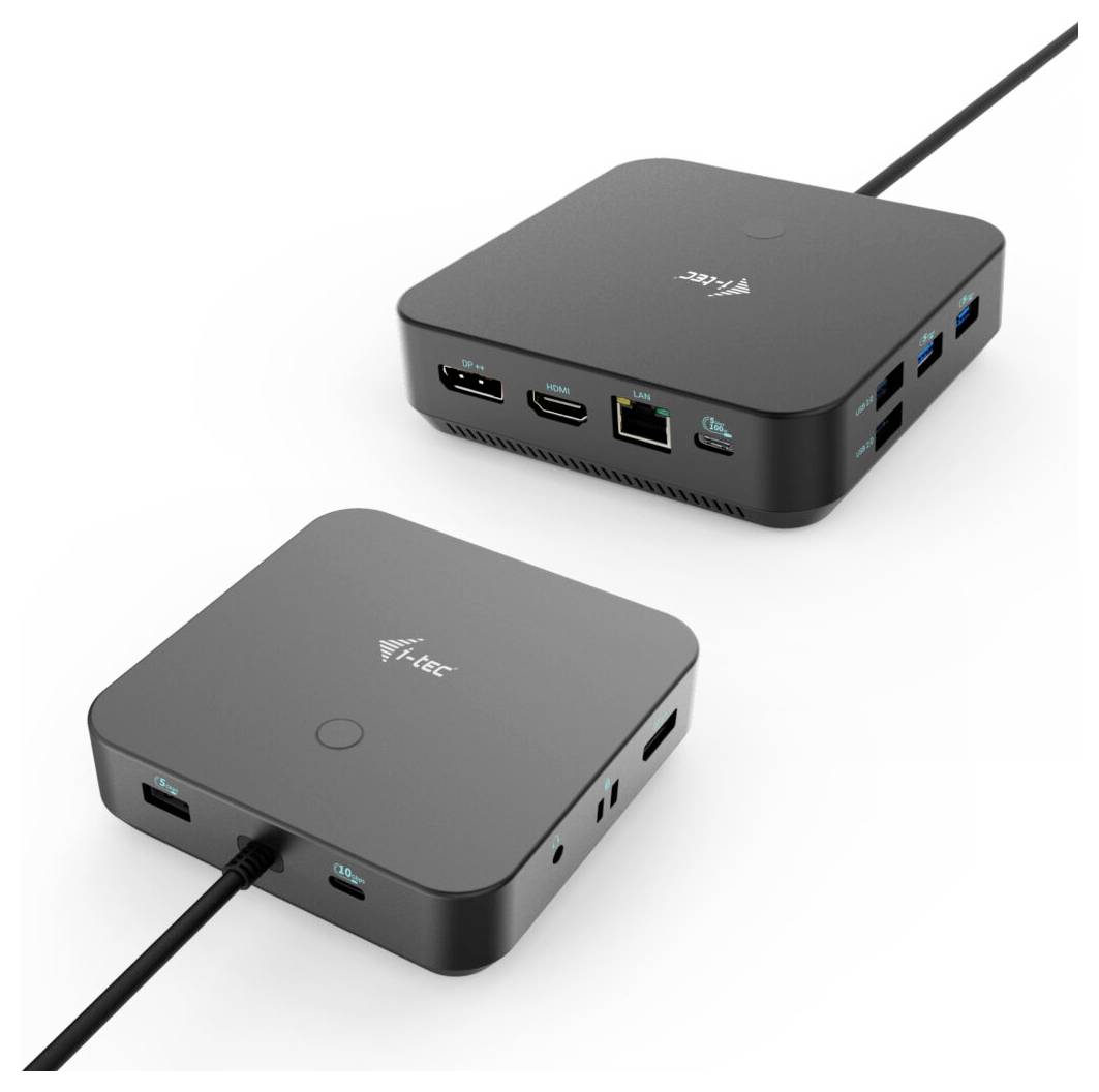 Zwei schwarze USB-C-Dockingstationen mit HDMI-, USB- und Ethernet-Anschlüssen, ermöglicht Anschluss mehrerer Geräte an einem Computer.