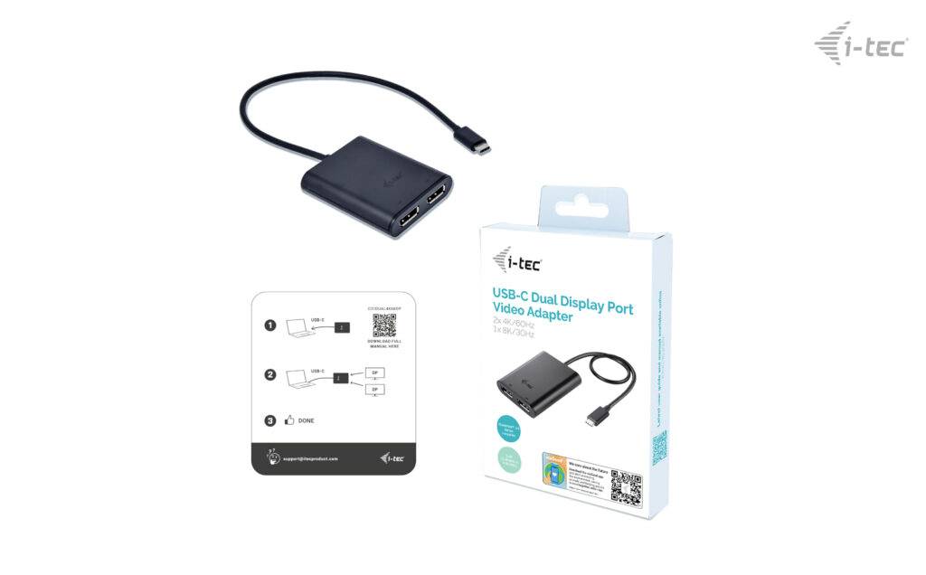 USB-C-Adapter mit zwei Display-Anschlüssen, schwarze Farbe. Verpackung zeigt Marke und Adapter. Diagramm illustriert Anschlussmethode.