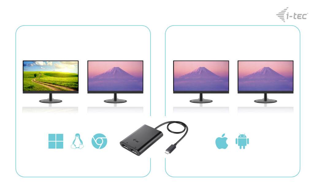 Abbildung zeigt einen Adapter, der mit verschiedenen Betriebssystemen wie Windows, MacOS, Android, Linux und Chrome kompatibel ist. Er unterstützt einen oder zwei externe Monitore.