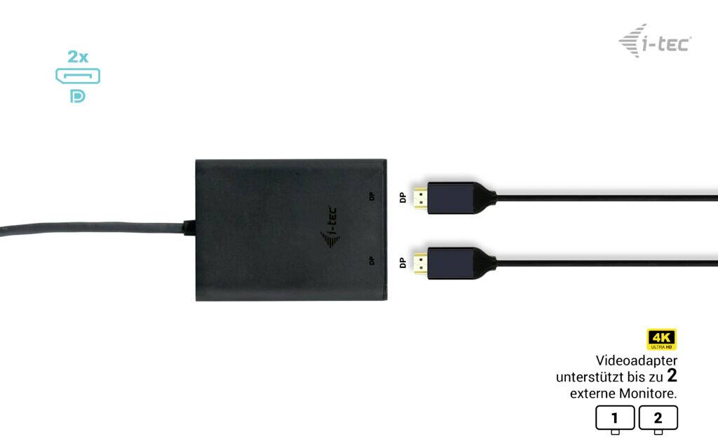 Ein schwarzer Videoadapter ist mit zwei HDMI-Kabeln verbunden. Er unterstützt 4K-Auflösung und bis zu zwei externe Monitore.