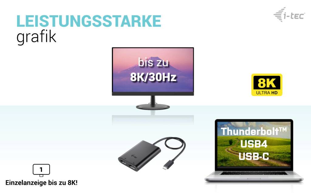 Leistungsstarke Grafik: Monitor mit 'bis zu 8K/30Hz' Text; Thunderbolt™ USB4 USB-C Verbindung; Einzelanzeige bis zu 8K möglich.