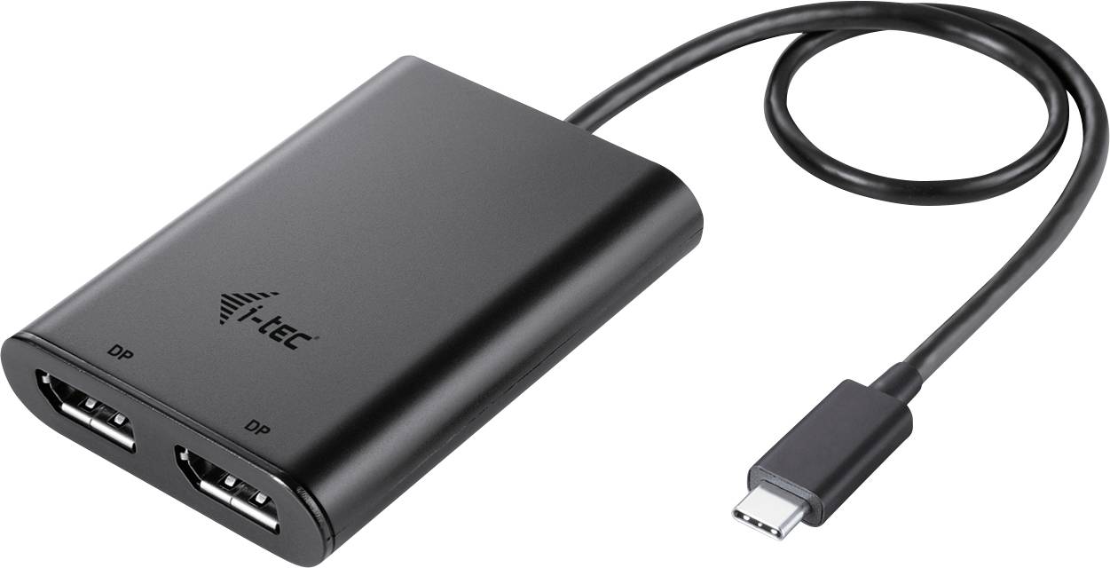 USB-C-zu-Dual-DisplayPort-Adapter von i-tec in Schwarz, ermöglicht den Anschluss von zwei Monitoren an ein USB-C-Gerät.