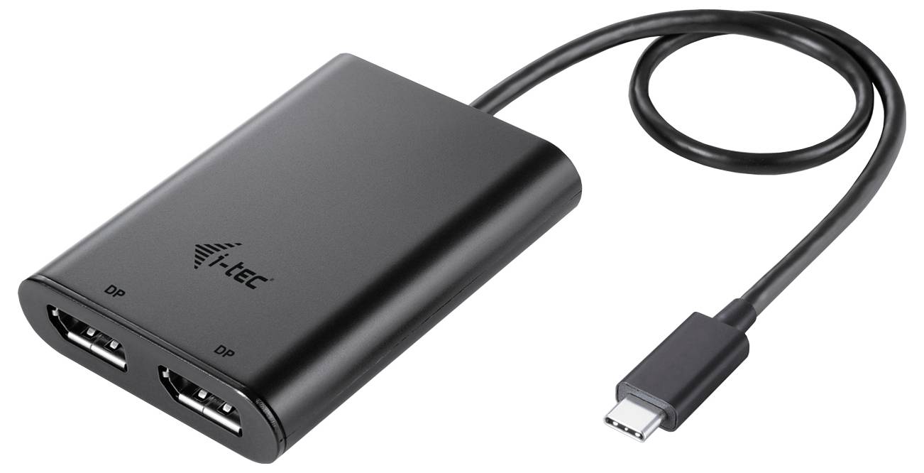 Schwarzer USB-C-Adapter mit zwei DisplayPort-Anschlüssen. Verbundenes Kabel zeigt Anschlussmöglichkeit für Monitore oder Projektoren.