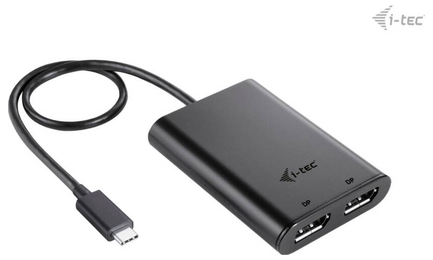 Schwarzer Adapter mit USB-C-Stecker und zwei DisplayPort-Anschlüssen von 'i-tec', geeignet für Bildschirmerweiterung.