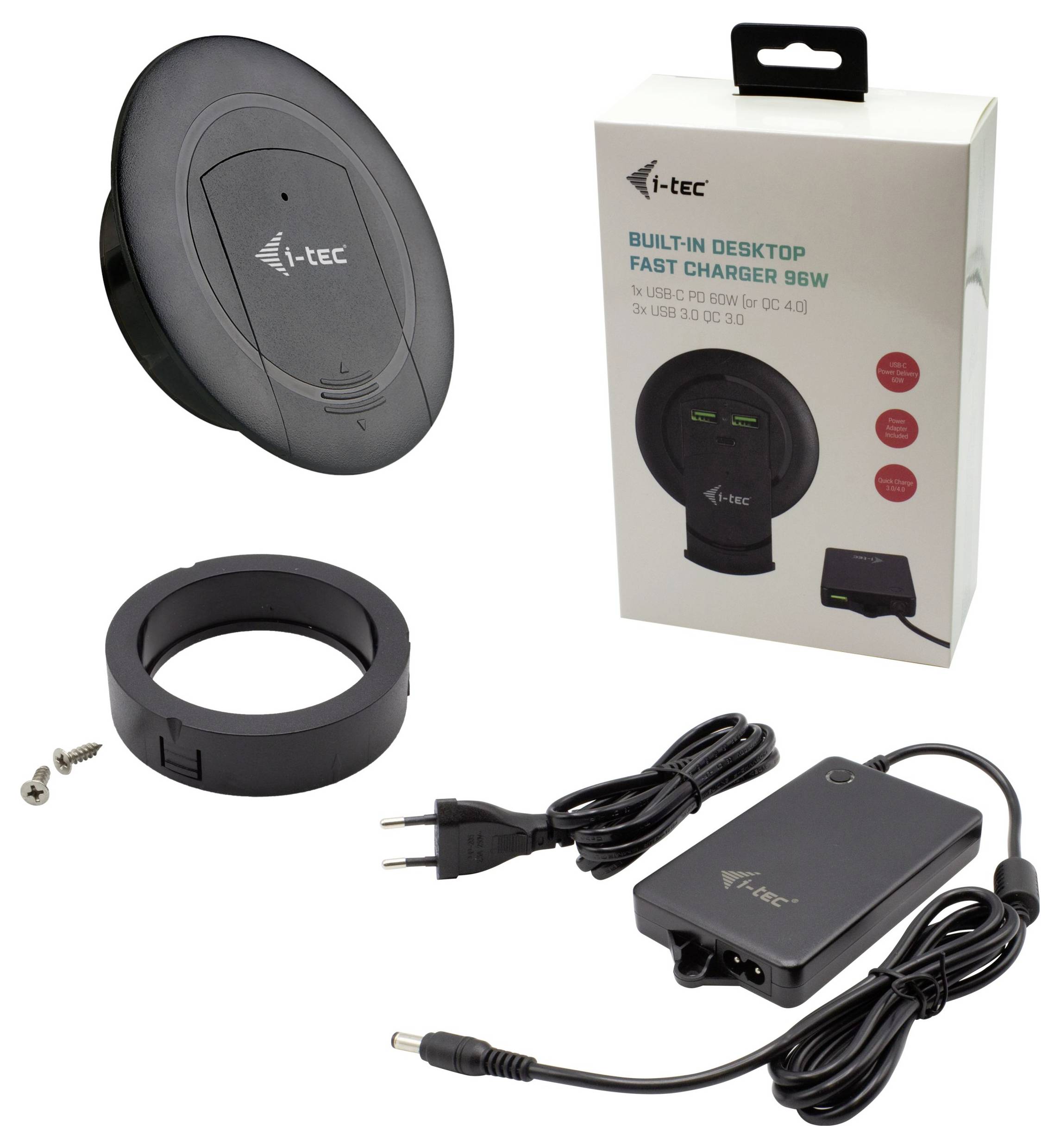 I-tec Built-in Desktop Fast Charger USB Ladegerät 96W 2x USB-A, 1x USB-C® Quick Charge 3.0, USB PD Schwarz Innenbereich