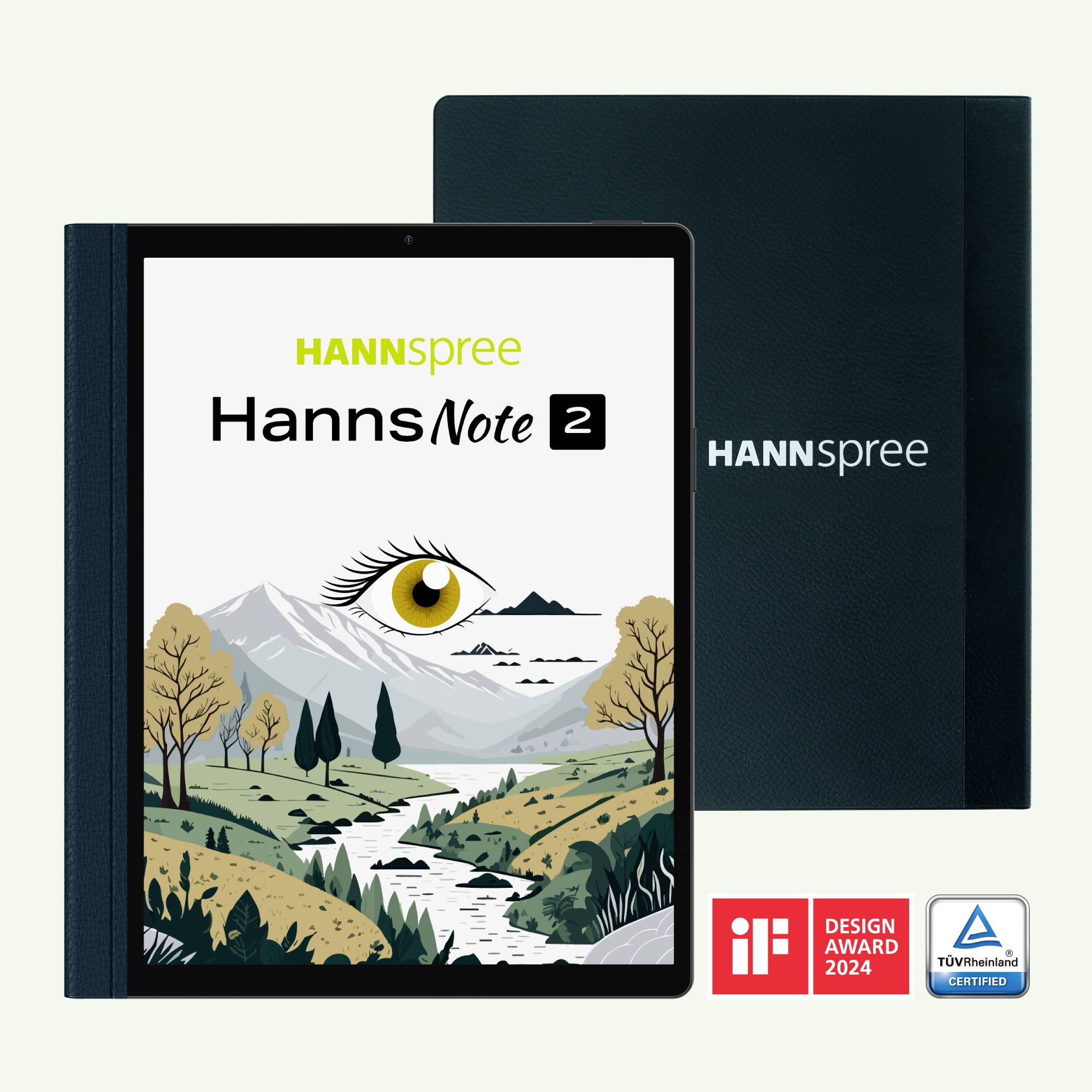 Das Bild zeigt ein Hannspree HannsNote 2 Tablet mit Naturmotiv auf dem Bildschirm und Auszeichnungen für Design und TÜV-Zertifizierung.