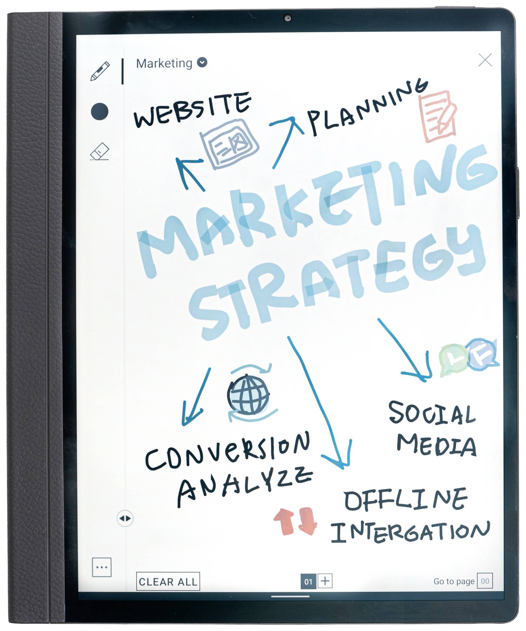 Tablet zeigt handgezeichnete Marketingstrategie mit Pfeilen: 'Website', 'Planning', 'Social Media', 'Conversion Analyz', 'Offline Integration'.