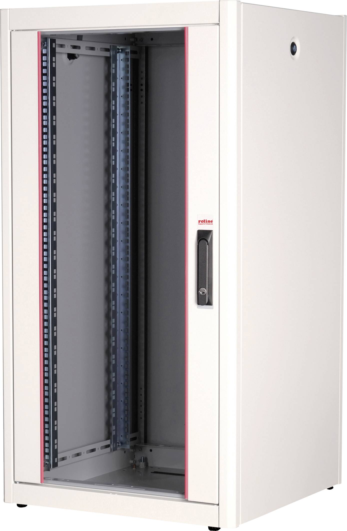 Ein weißer Server-Rack-Schrank mit Glastür und schwarzem Griff, geeignet für die Unterbringung von Netzwerk-Hardware und Servern.
