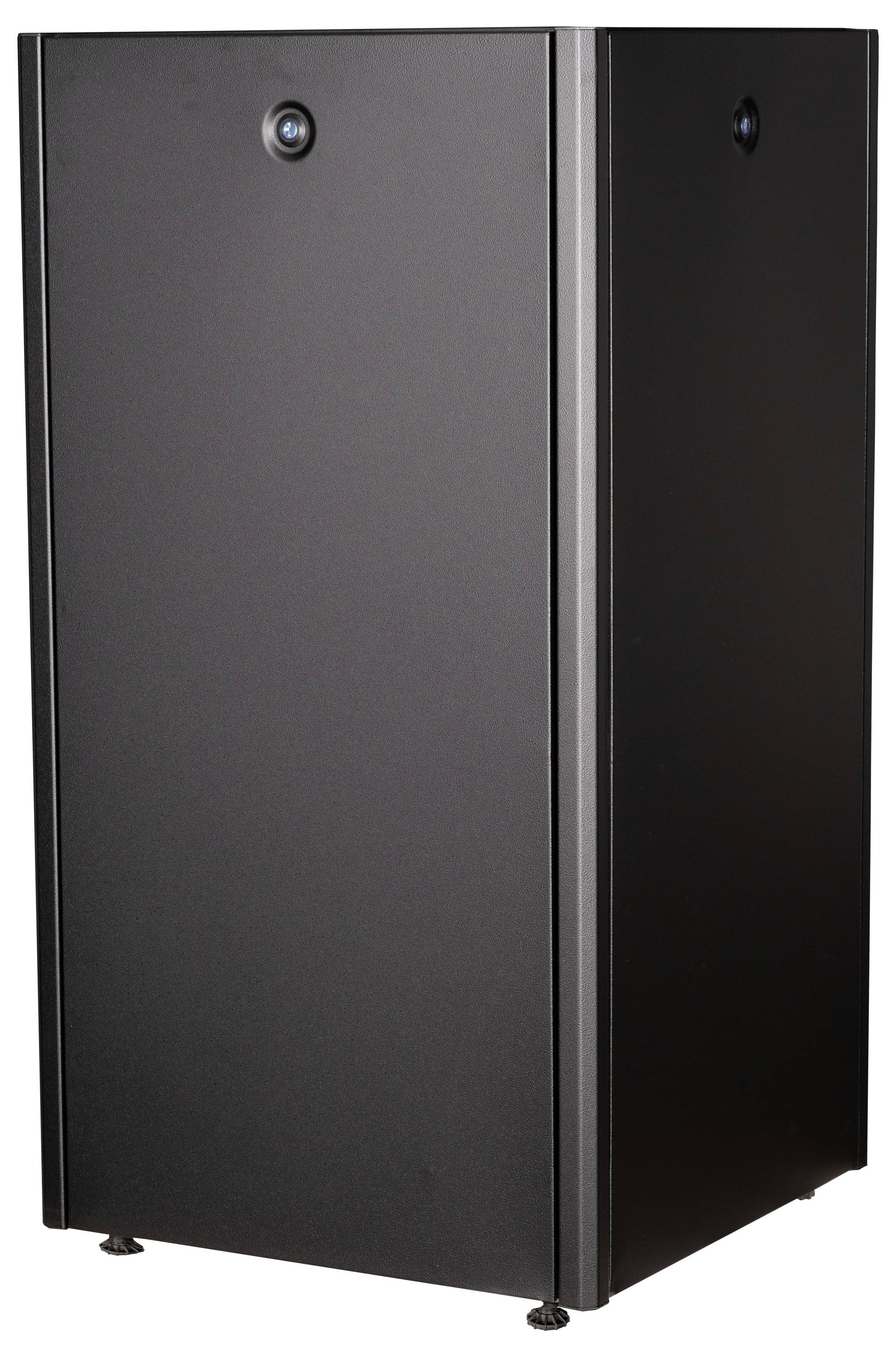 Ein schwarzer, rechteckiger Server- oder Elektronikschrank mit einer Tür, steht auf dem Boden. Oben ist eine Kamera oder Sensor eingelassen.