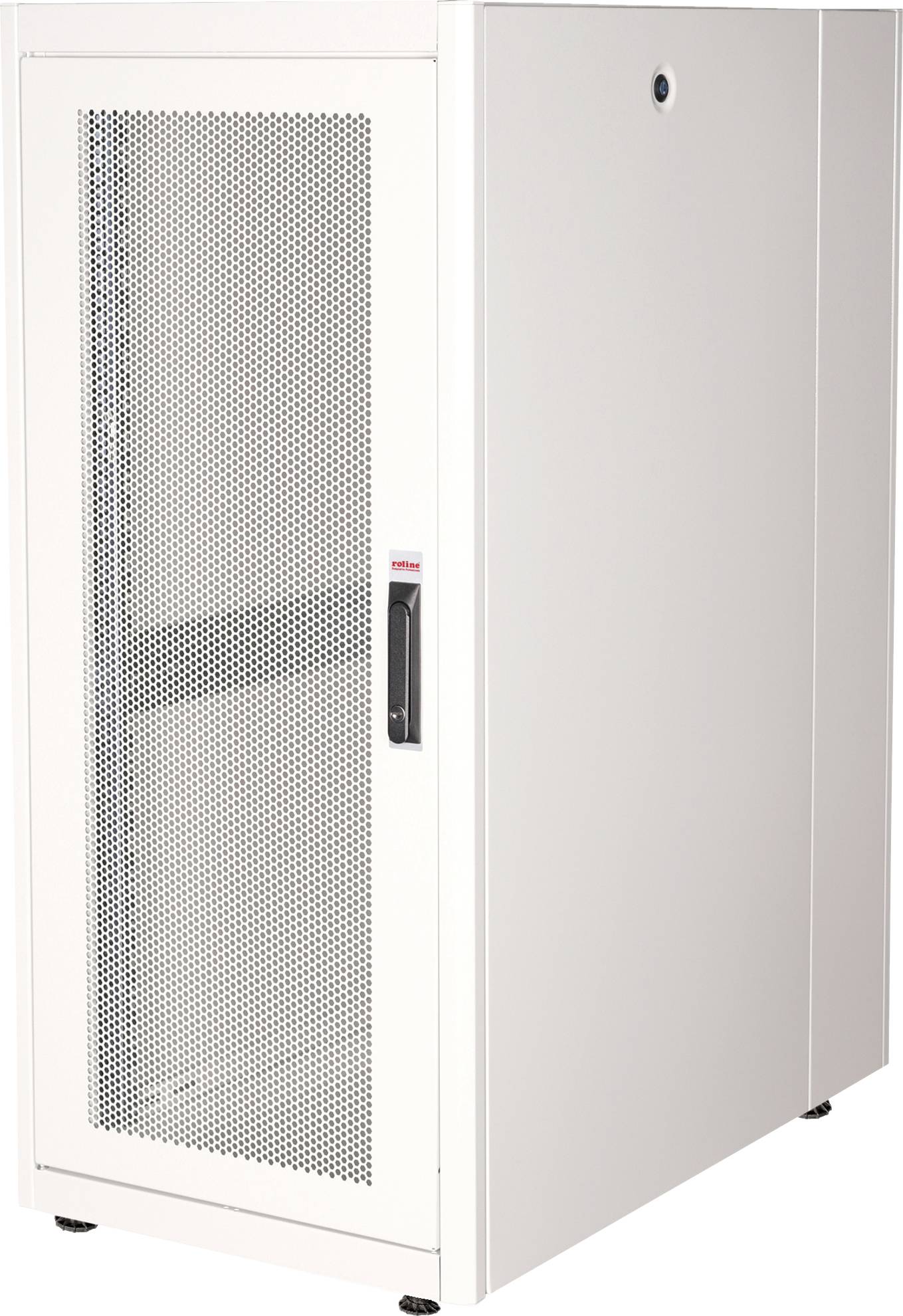 Ein weißes Server-Rack mit einer perforierten Tür und einem Griff, geeignet für die Aufbewahrung von IT- und Netzwerkausrüstung.