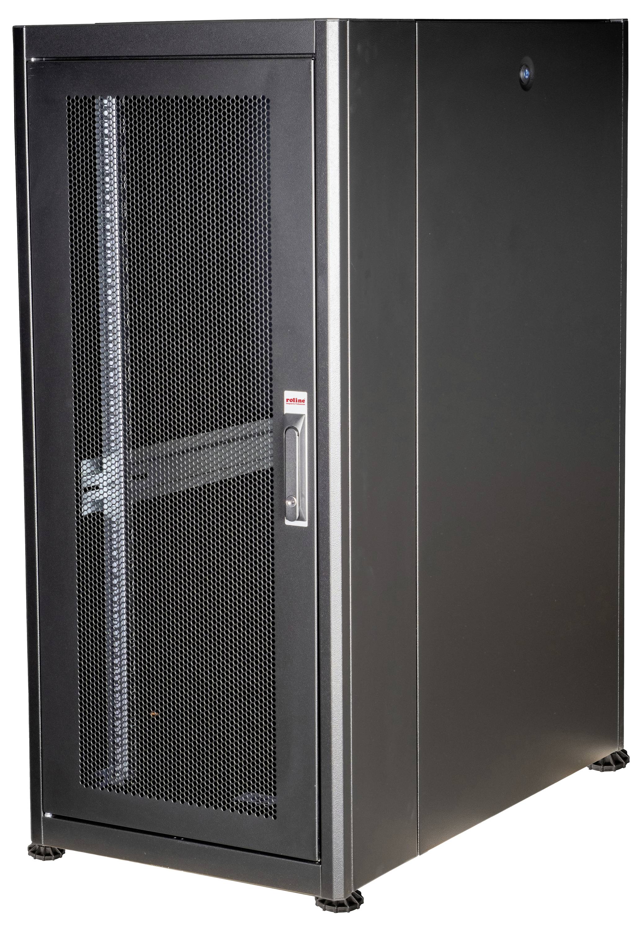 Schwarzer Serverschrank mit Gittertür, stehend auf dem Boden. Geeignet zur Unterbringung von Servern und Netzwerkkomponenten.