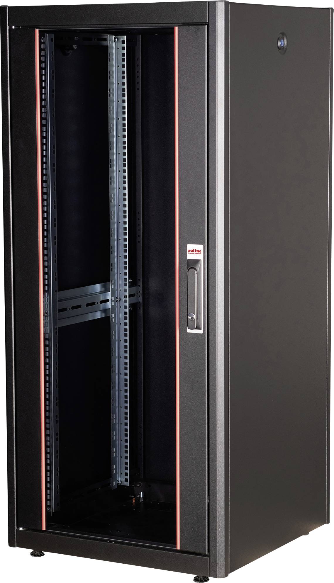 Ein schwarzer, freistehender Serverschrank mit Glasfront, geöffnet, zeigt leere Regale. Passend für IT- oder Netzwerkausrüstung.