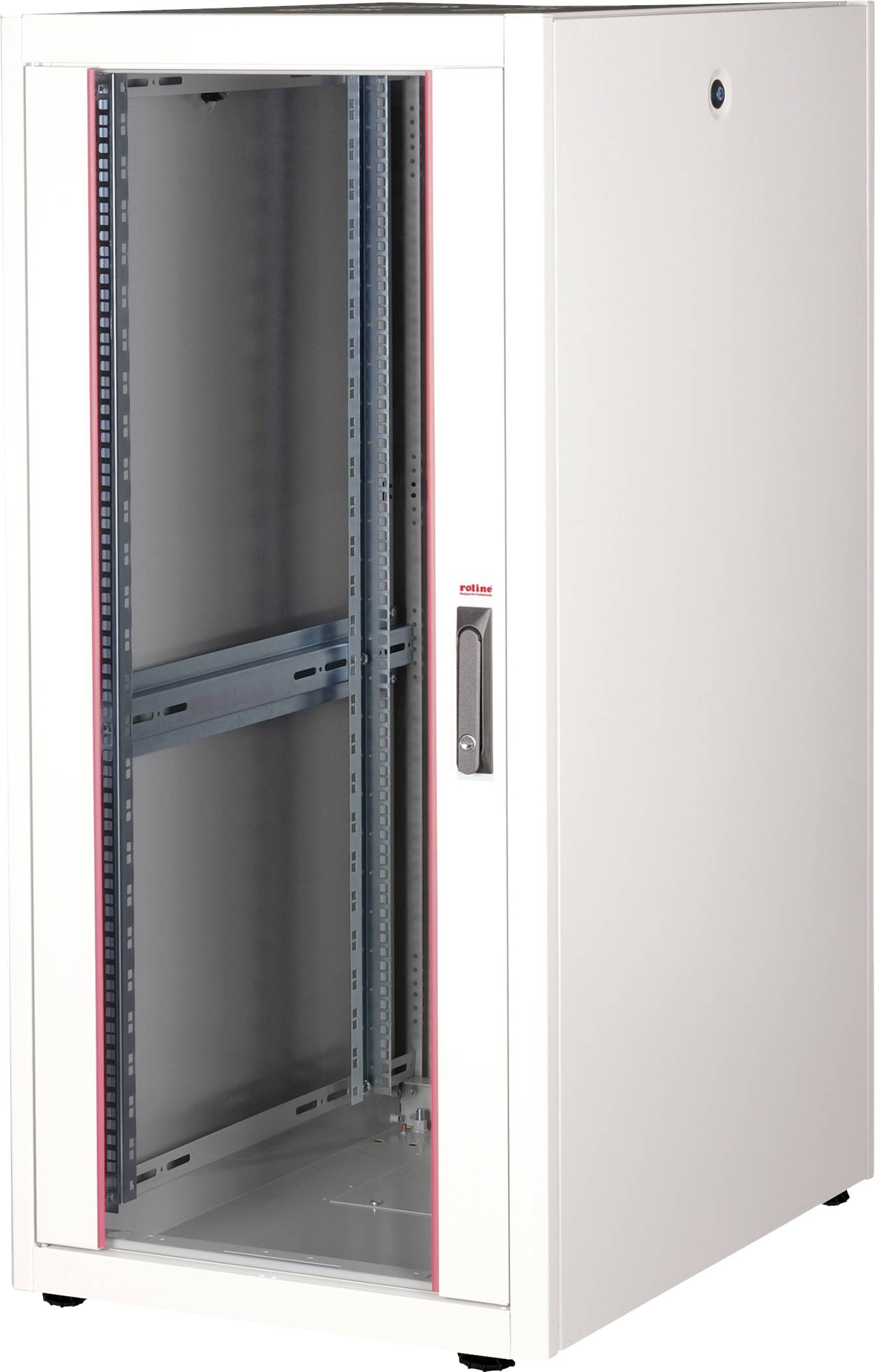 Weißer, leerer Serverschrank mit Glastür, geeignet zur Unterbringung von IT-Ausrüstung, zeigt einheitliches Design für technische Umgebungen.