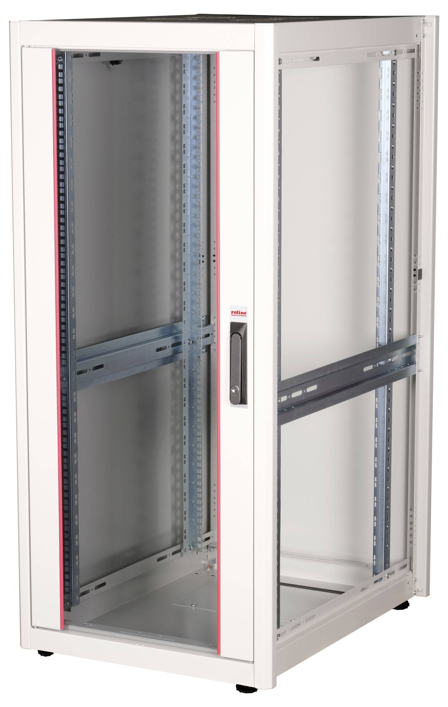 Ein weißes Server-Rack-Gehäuse mit Glastür, zur Unterbringung von IT-Ausrüstung, steht aufrecht. Es zeigt Innenschienen und bietet Belüftungsöffnungen.