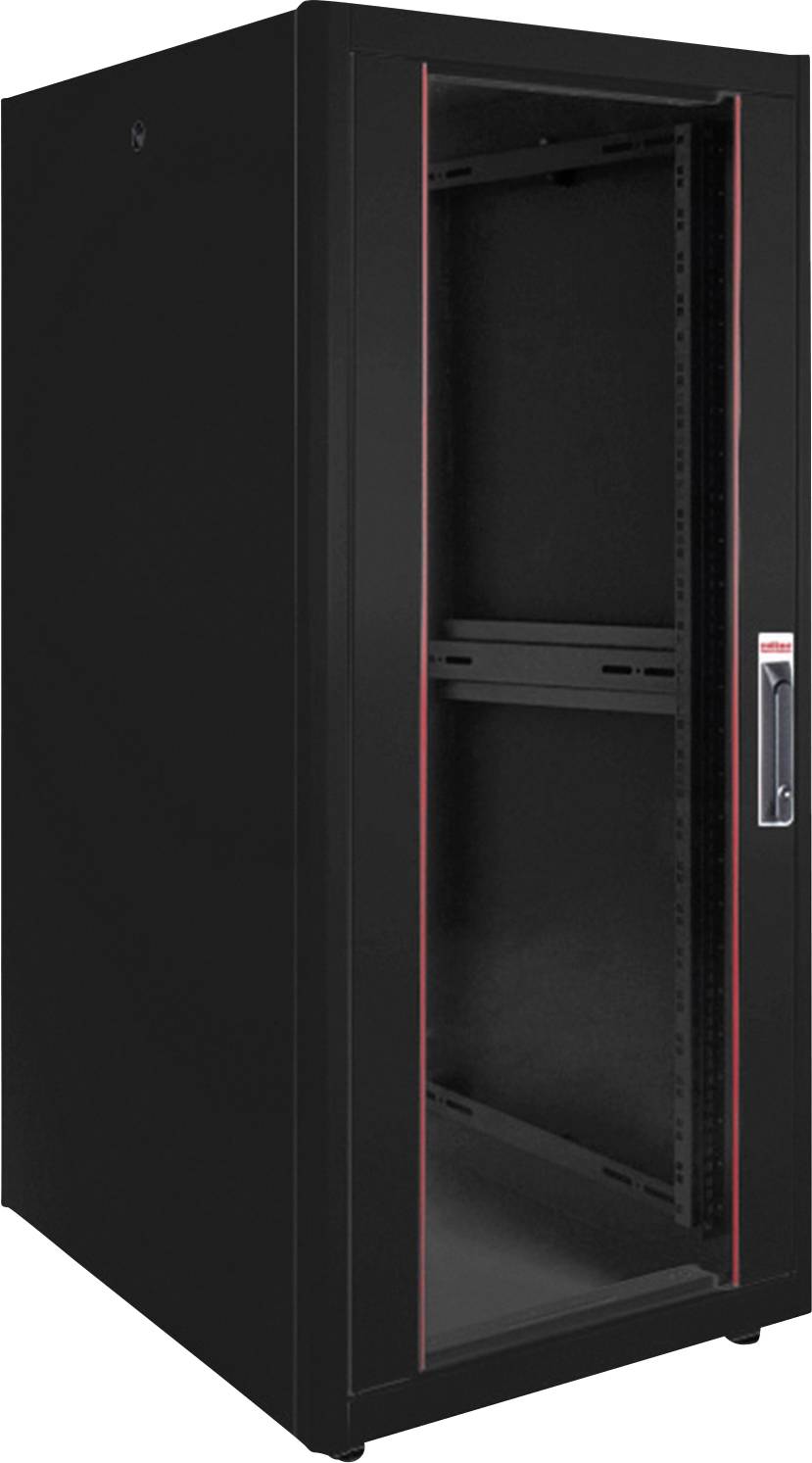 Schwarzer Server-Rack-Schrank mit Glastür und rotem Rand. Er ist leer und steht aufrecht, bereit zur Aufnahme von Serverkomponenten.