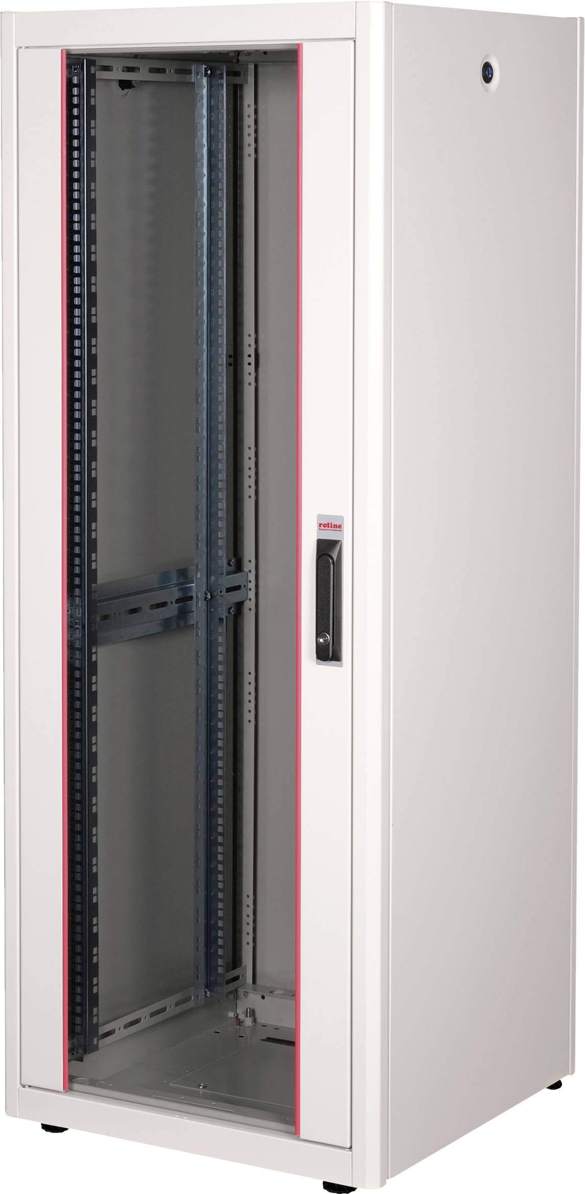 Ein weißer Serverschrank mit einer Glastür und einem schwarzen Griff, geeignet zur sicheren Aufbewahrung von IT-Geräten.