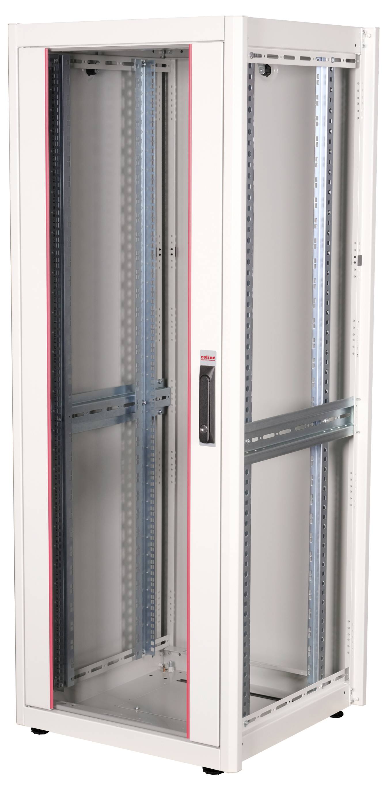 Ein Metall-Server-Rack-Schrank mit Glastür, geeignet zur Aufbewahrung von IT-Geräten in Rechenzentren oder Serverräumen.
