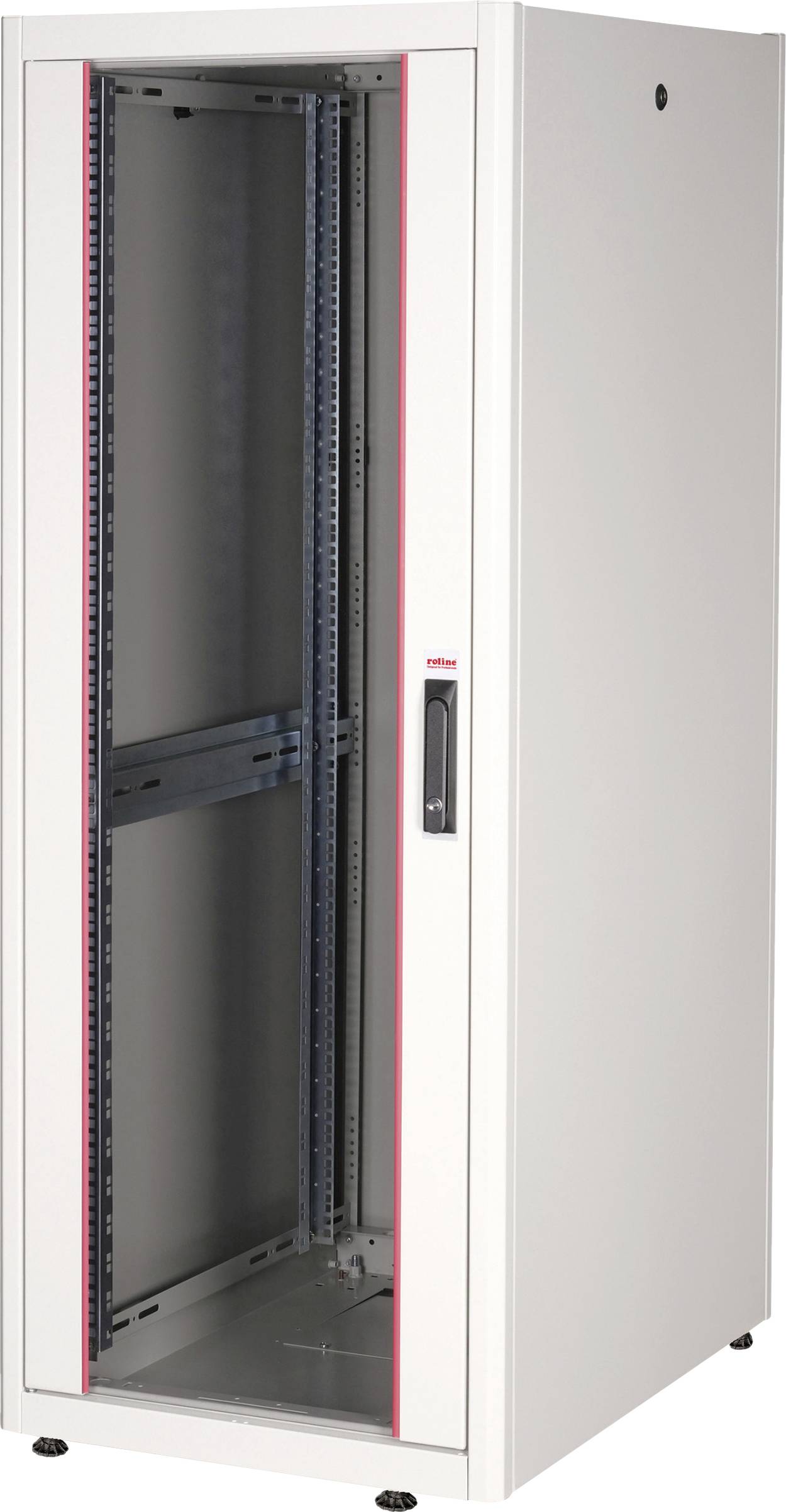 Ein leerer, weißer Server-Rack-Schrank mit einer Glastür; metallene Innenstruktur sichtbar. Ideal für IT- und Netzwerkausrüstung.