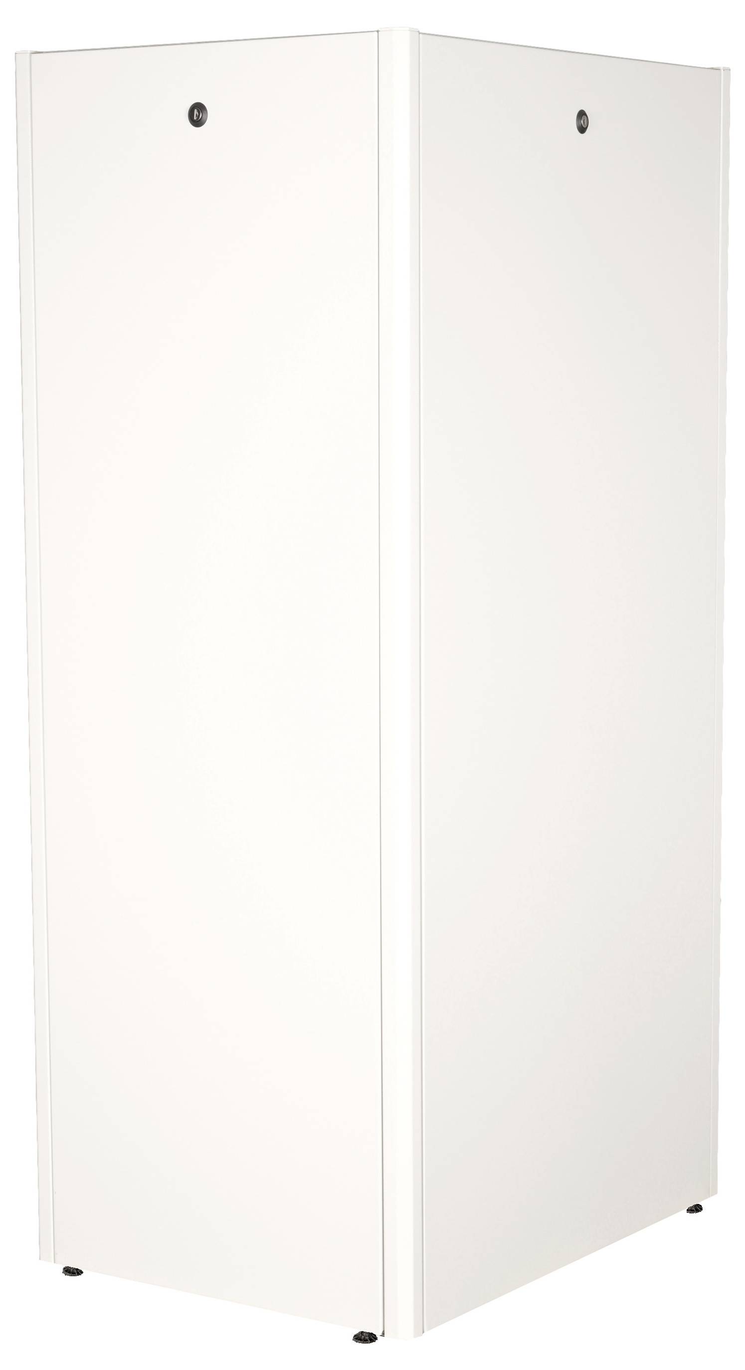Ein großer, weißer, rechteckiger Schrank mit glatten Oberflächen steht vertikal.