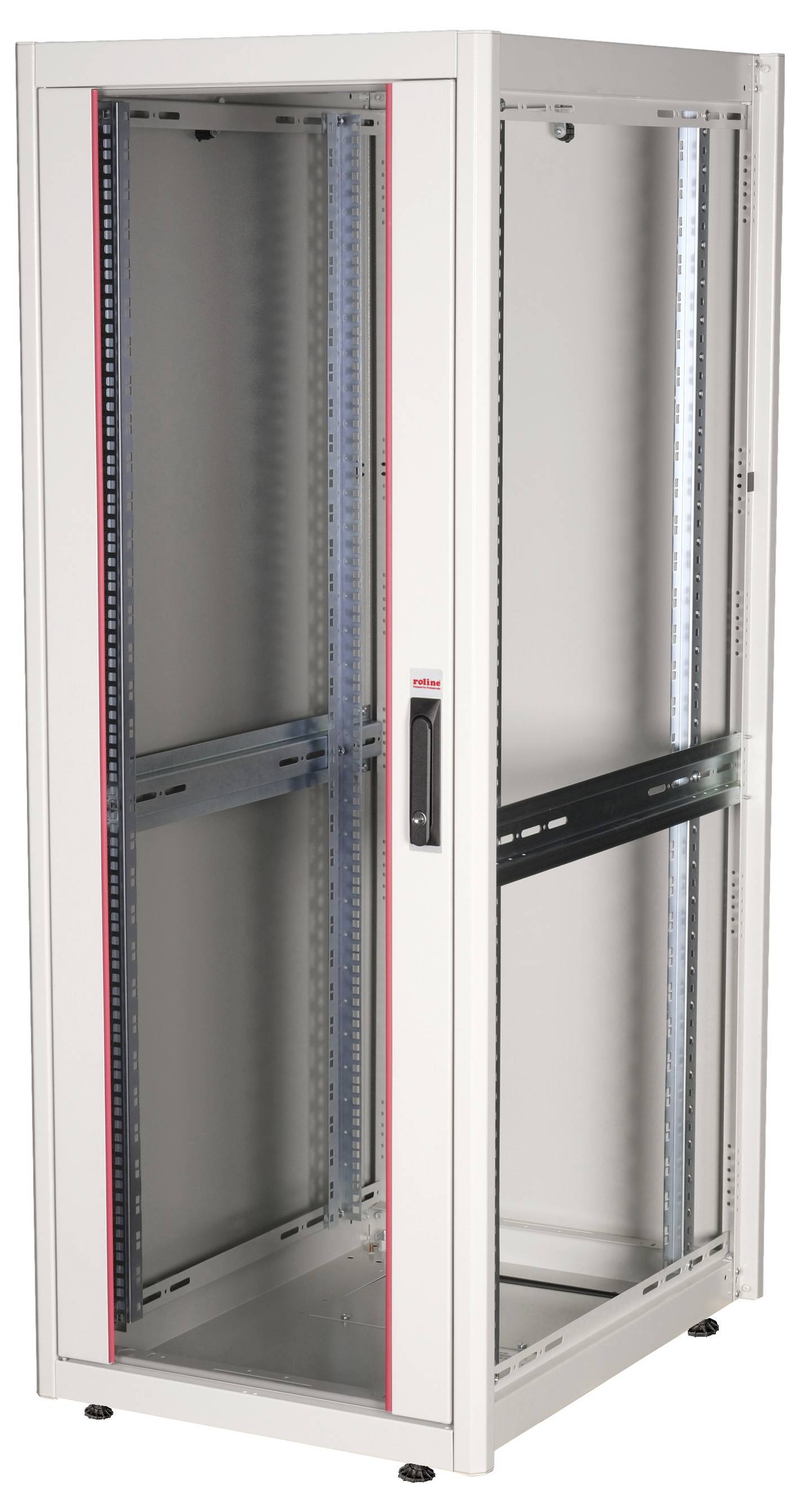 Ein leeres Server-Rack aus Metall mit Glastür, geeignet zur Aufnahme von IT-Equipment in Rechenzentren oder Technikräumen.