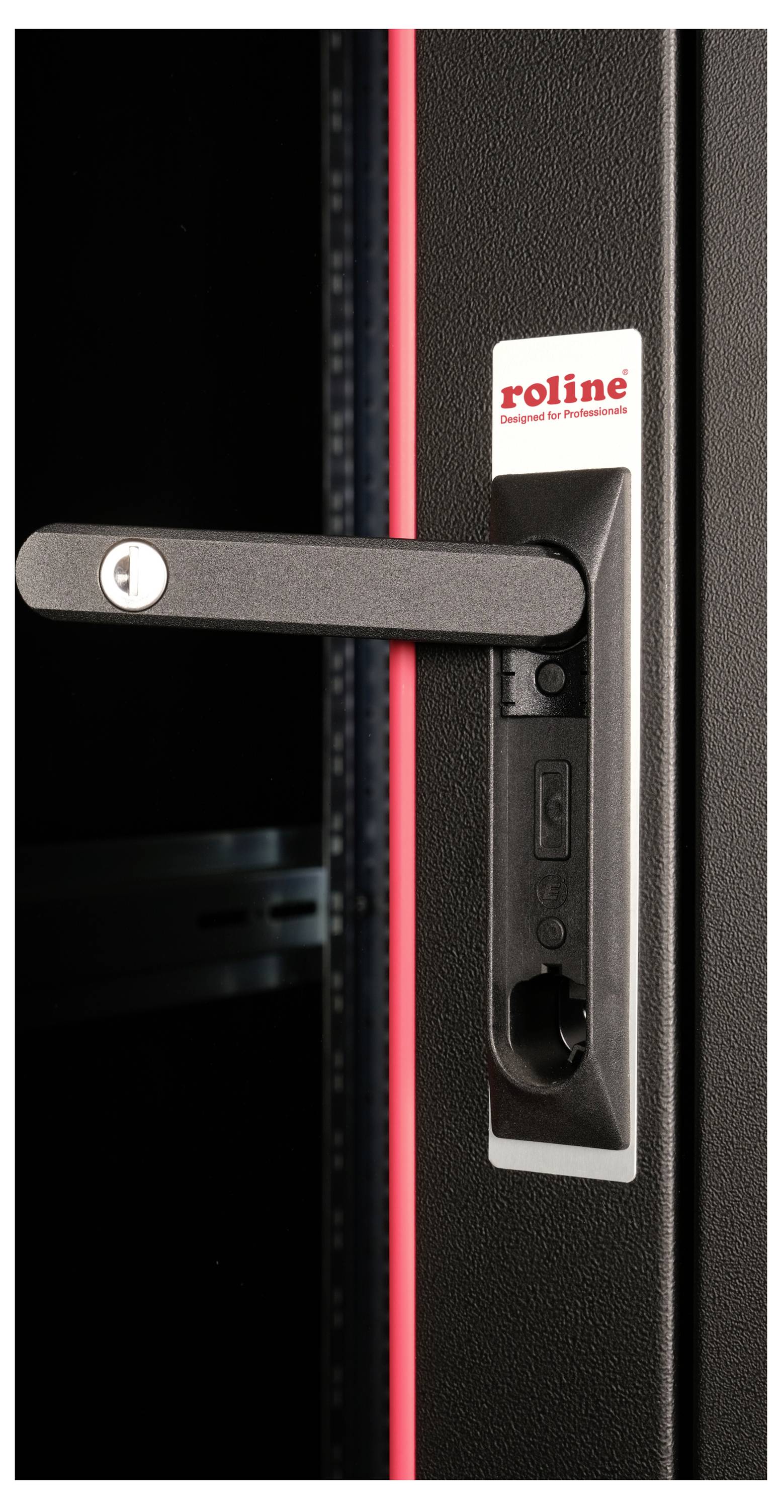 Türgriff eines schwarzen Schranks mit rotem Streifen und Schlossmechanismus, Marke 'roline' sichtbar.