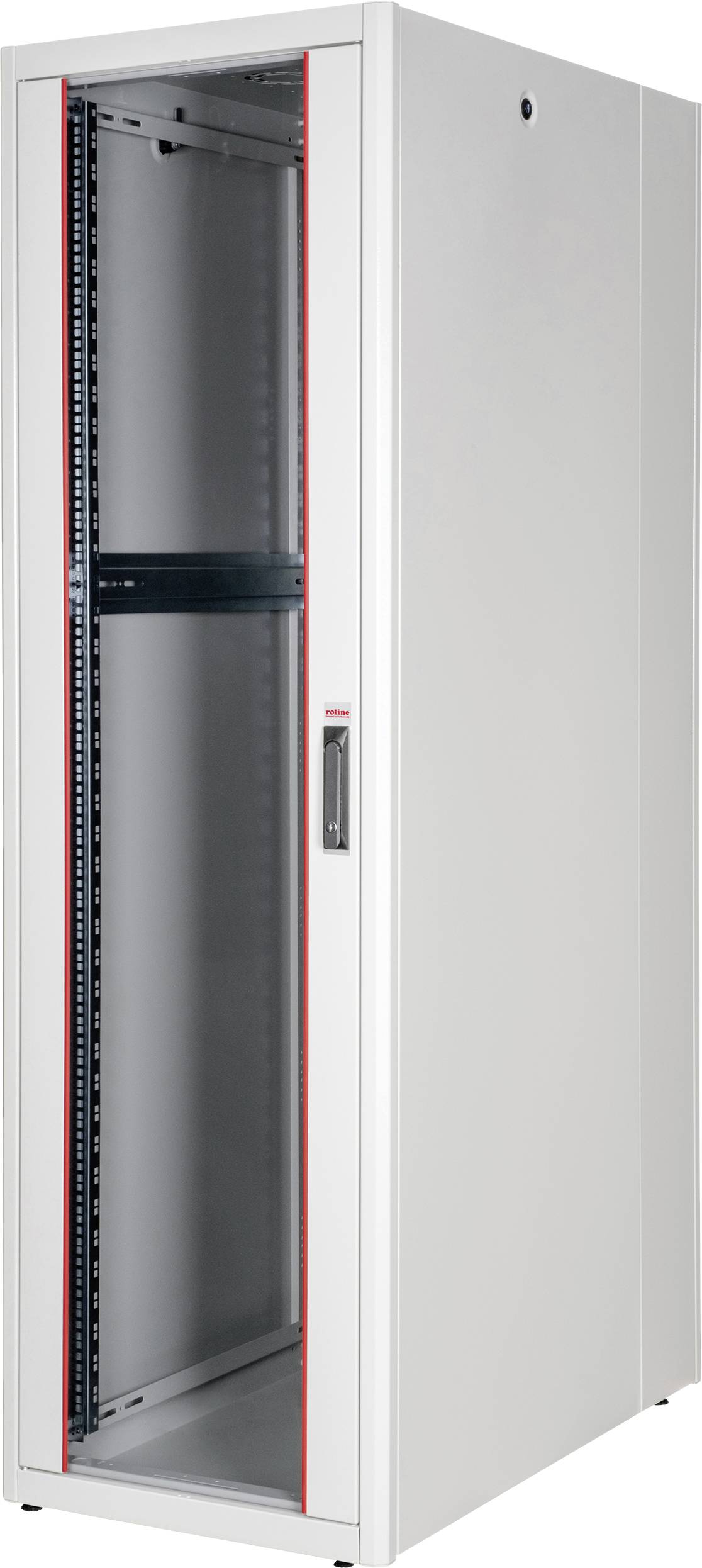 Ein leerer, stehender Serverschrank aus Metall mit Glastür, geeignet für IT-Ausrüstung und Netzwerkkomponenten.