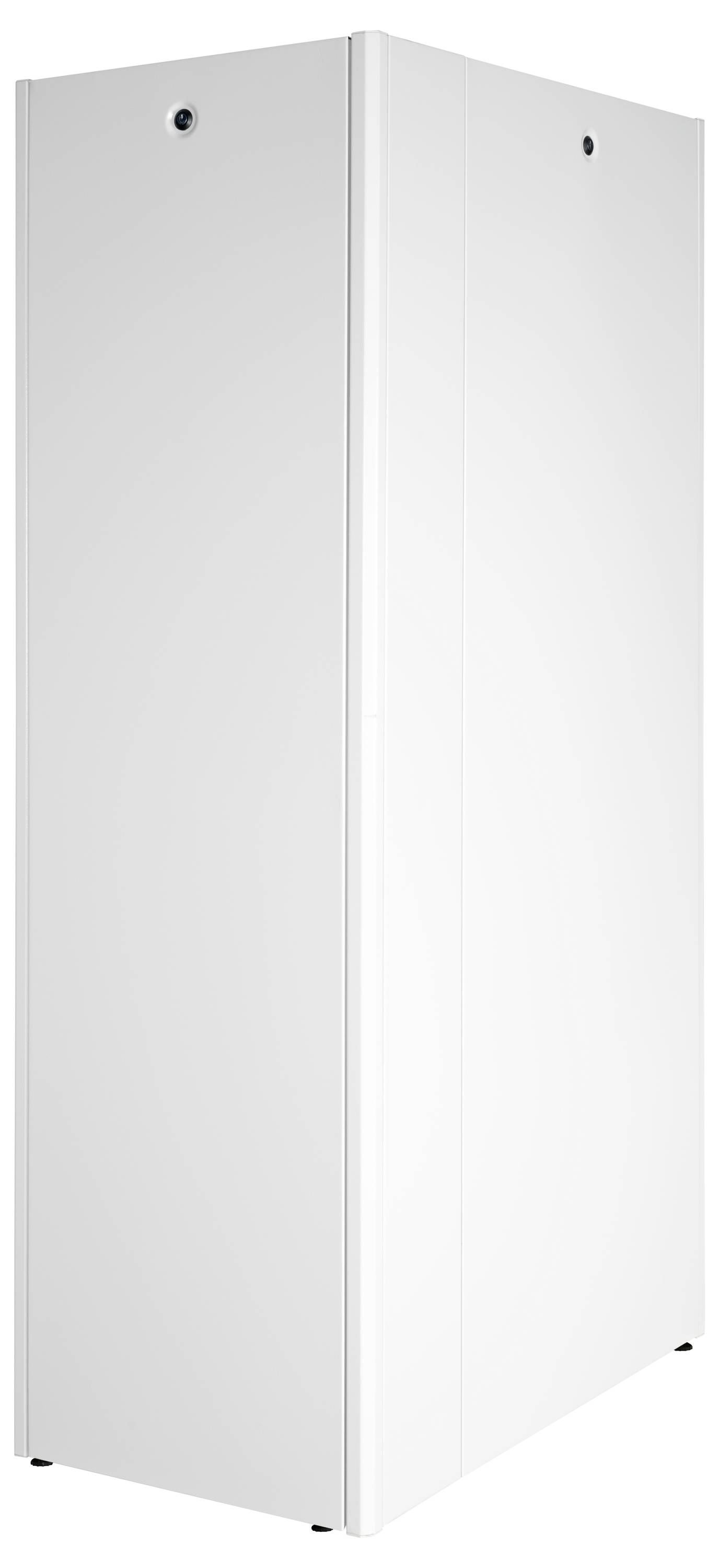 Ein weißer, hoher Schrank mit eckigem Design und minimalen Details.