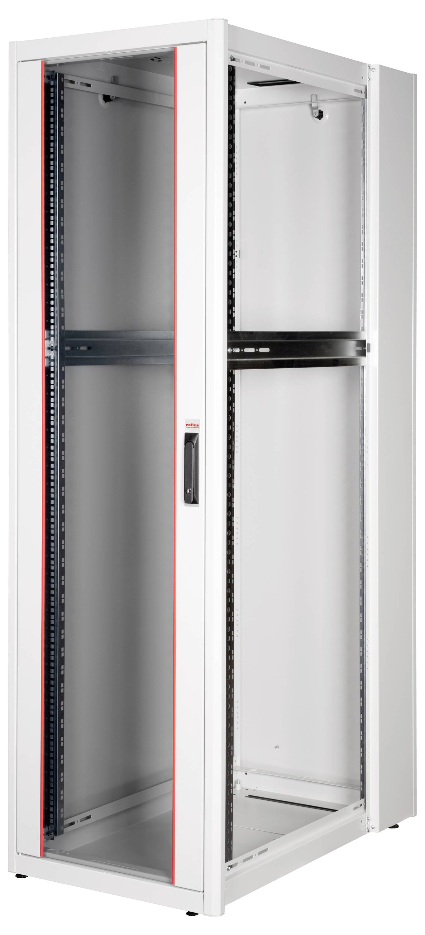 Ein leeres, vertikales Server-Rack-Gehäuse mit Glastür und Belüftungsschlitzen, geeignet für die Aufnahme von IT- oder Netzwerkgeräten.