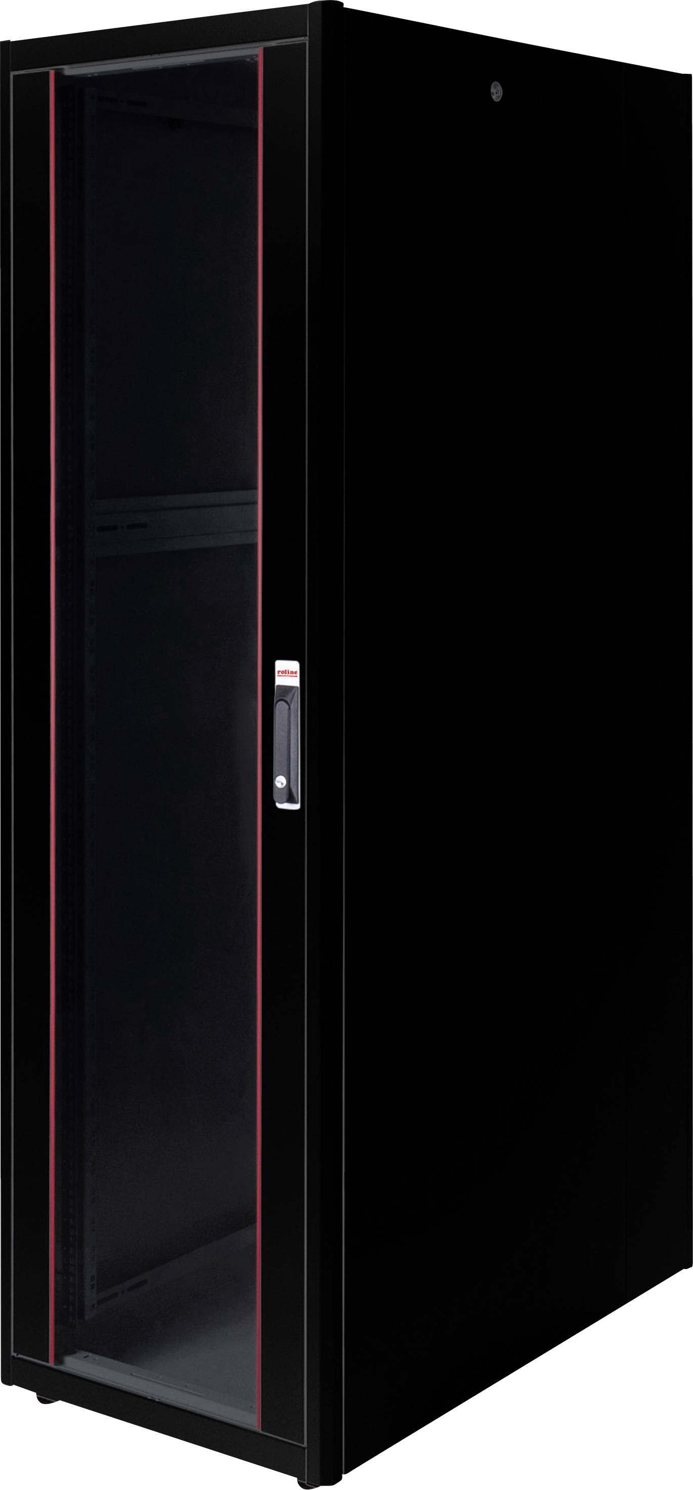 Ein schwarzer Server-Rack-Schrank mit Glastür, geeignet für den Einsatz in Rechenzentren zur Unterbringung von IT-Geräten.