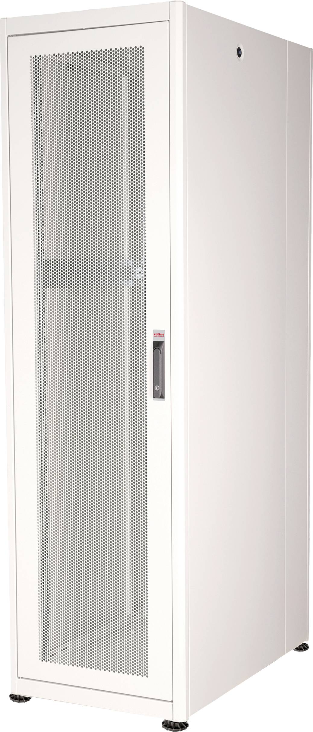 Weißer, hoher Metallschrank mit perforierter Glastür; geeignet zur Aufbewahrung technischer Geräte oder Server in professionellen Umgebungen.