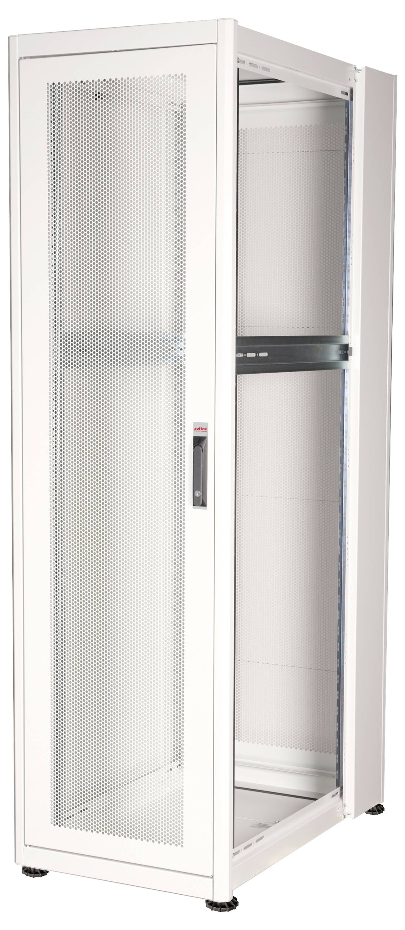 Ein weißer Server-Rack-Schrank mit perforierten Türen zur Belüftung. Geeignet für die Unterbringung von IT- und Netzwerkgeräten.