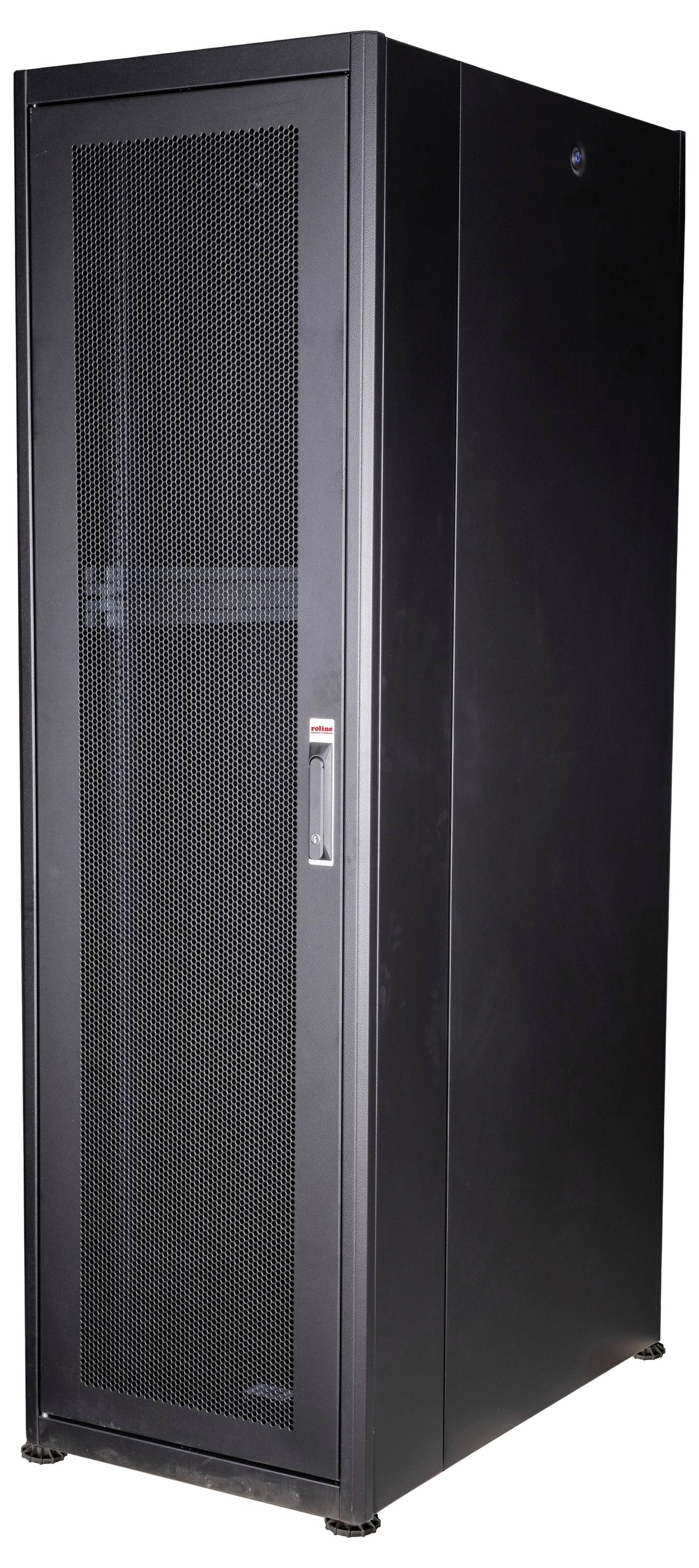 Schwarzer IT-Serverschrank mit Gittern an der Vorderseite, steht aufrecht. Geeignet für die Aufbewahrung von Computerausrüstung und Netzwerkgeräten.