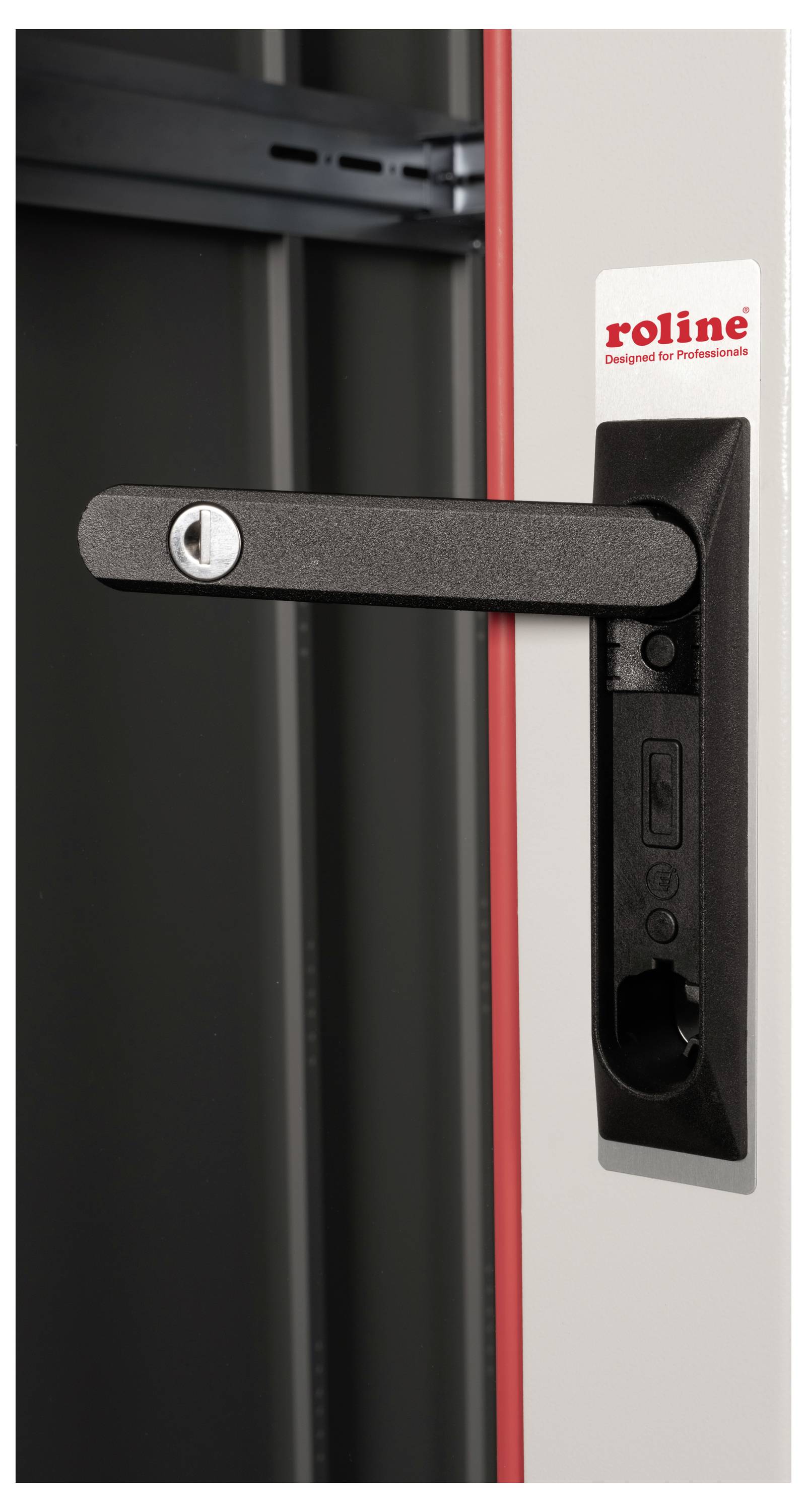 Ein schwarzer Griff mit Schlossmechanismus an einer grauen Tür, rechts oben das Logo 'roline'.