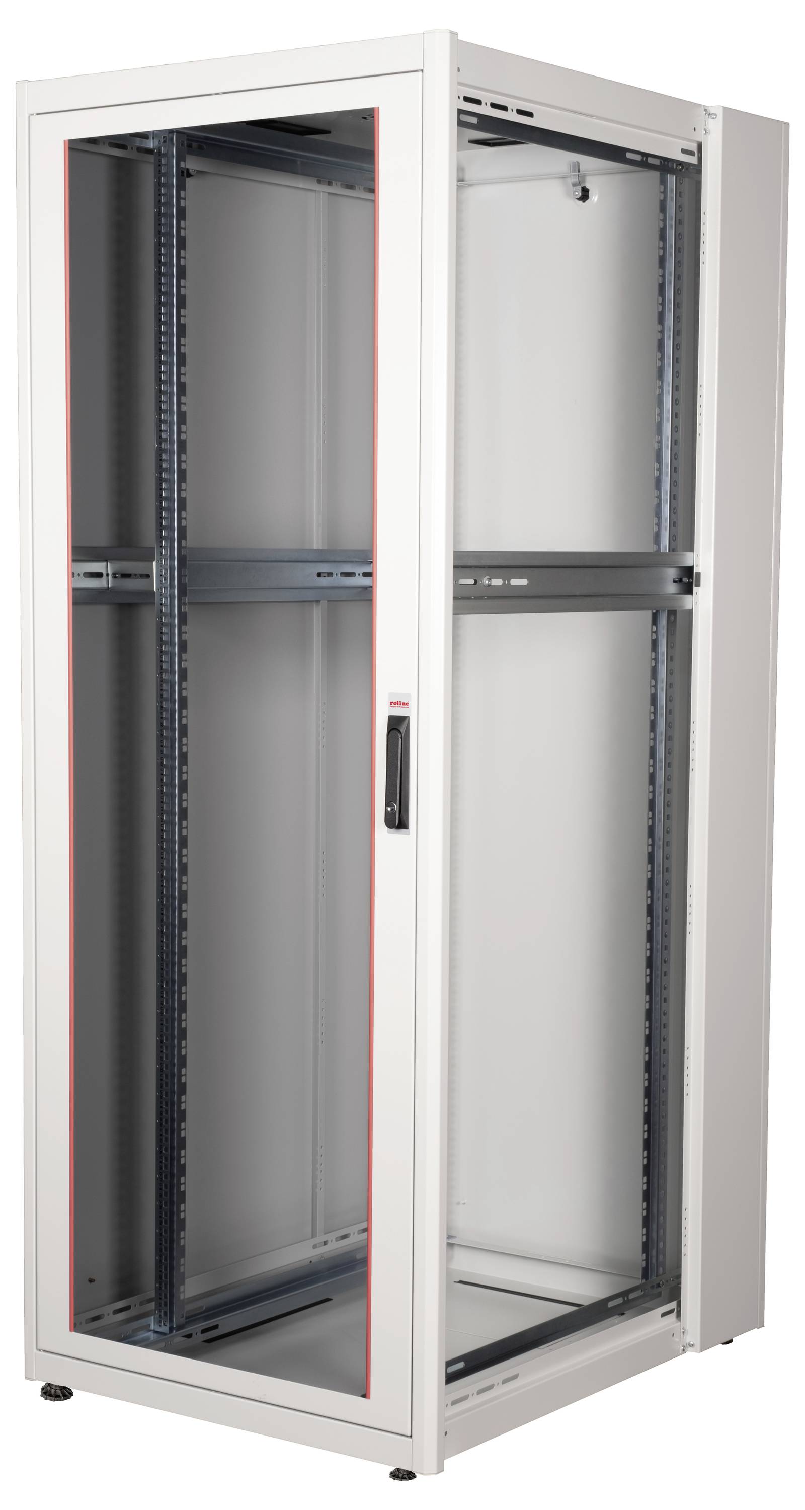 Ein leerer, stehender Netzwerk-Schrank mit Glastür und Stahlrahmen, geeignet zur Unterbringung von Server- und Netzwerkgeräten.