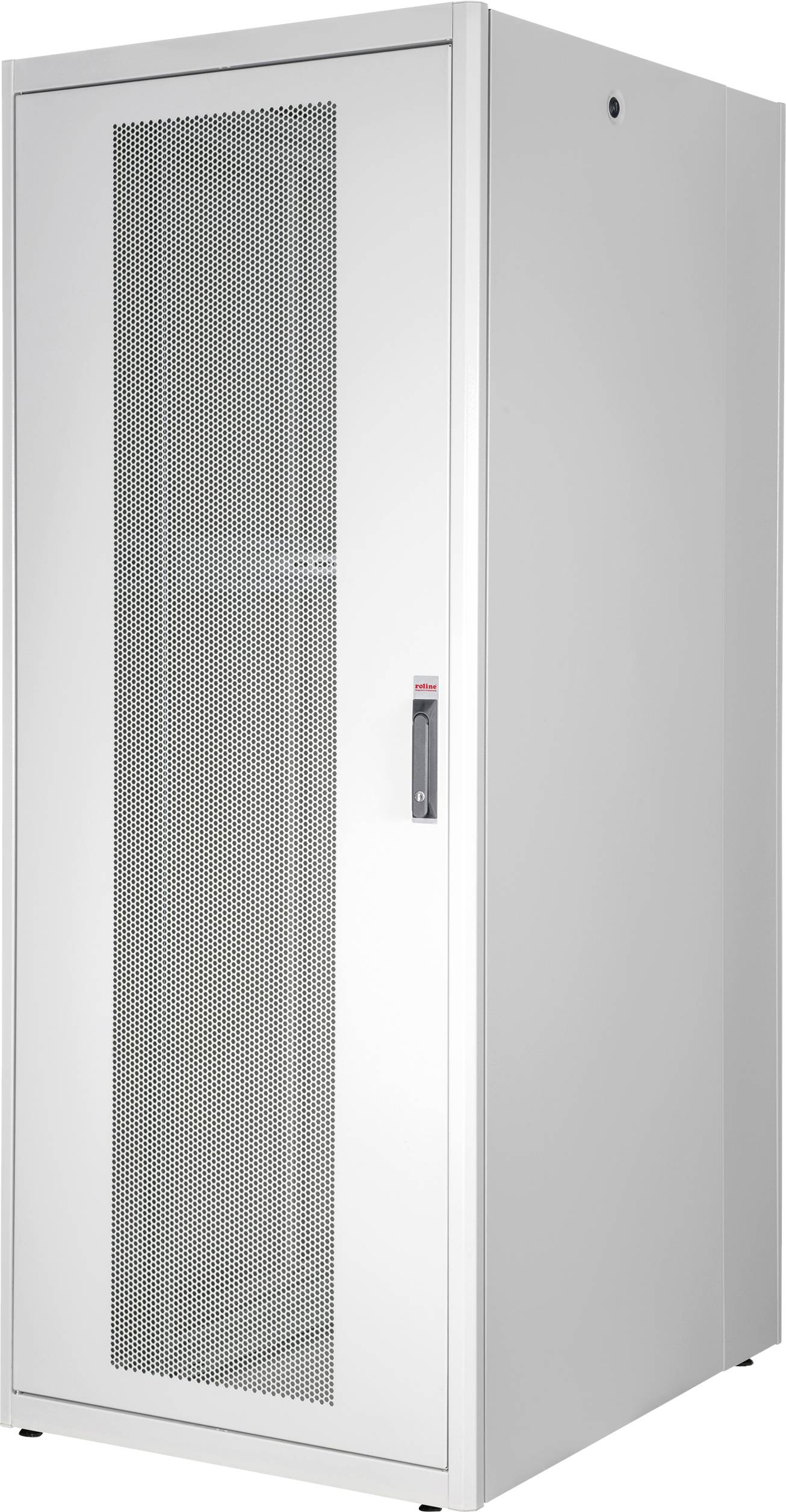 Ein grauer Server-Rack-Schrank mit Gittertür, steht in einem Technikraum.