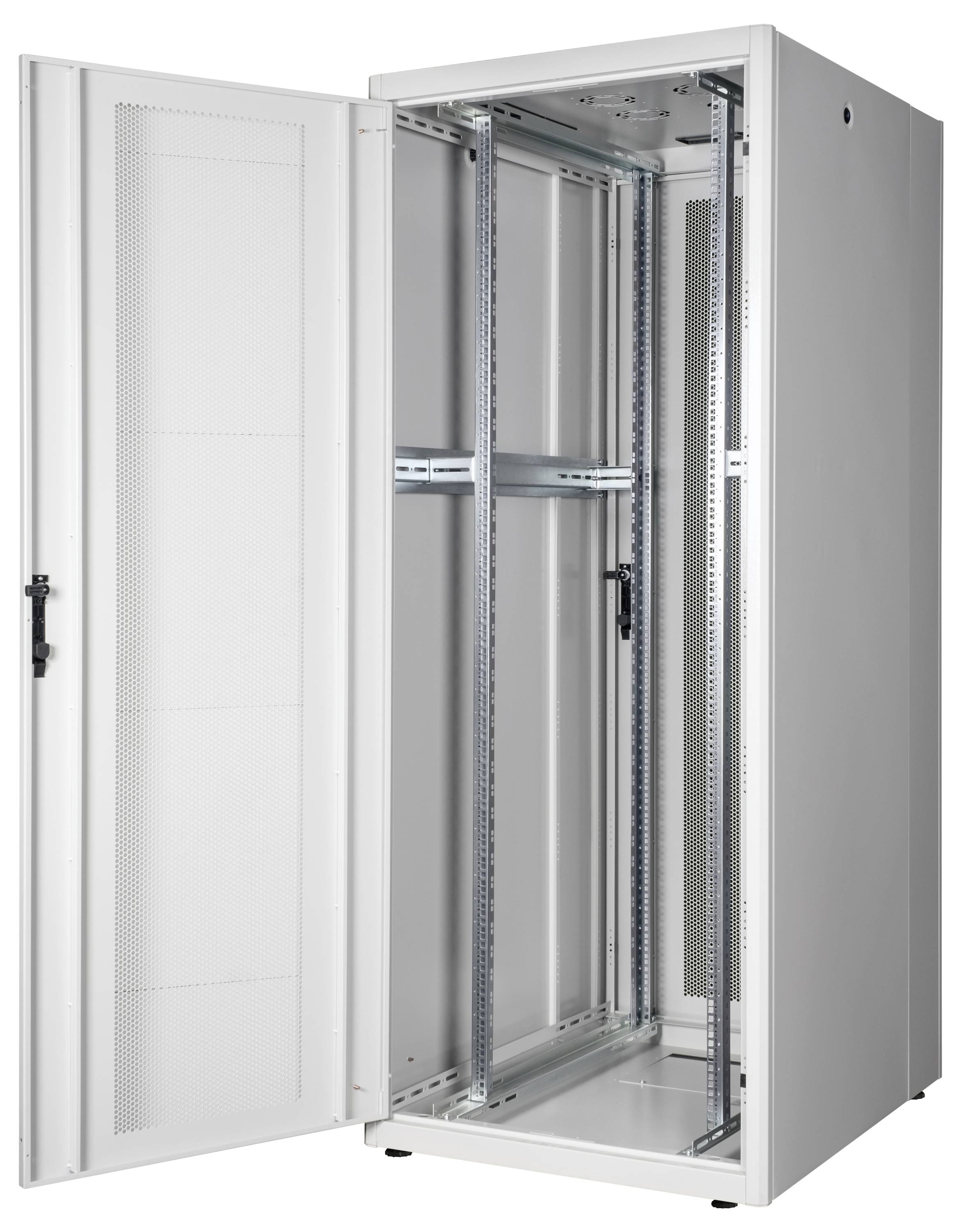 Weißer, offener Server- oder Netzwerkschrank mit herausschauenden Rack-Schienen, geeignet zur Installation von IT-Ausrüstung.