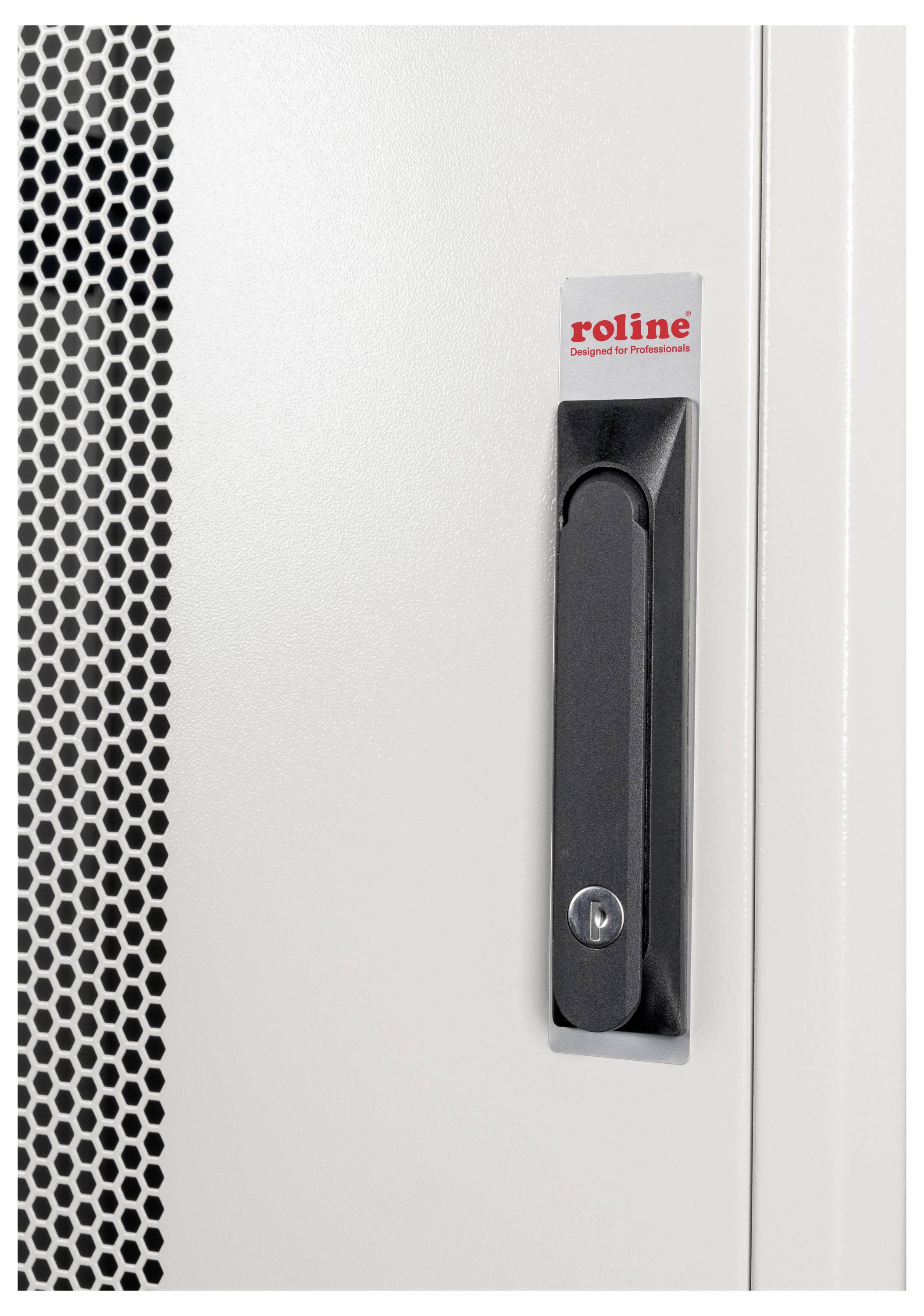 Ein Server-Schrankschloss mit rotem 'roline'-Logo auf einem grauen Hintergrund. Das Schloss hat einen schwarzen Griff und Metallschlüsselöffnung.