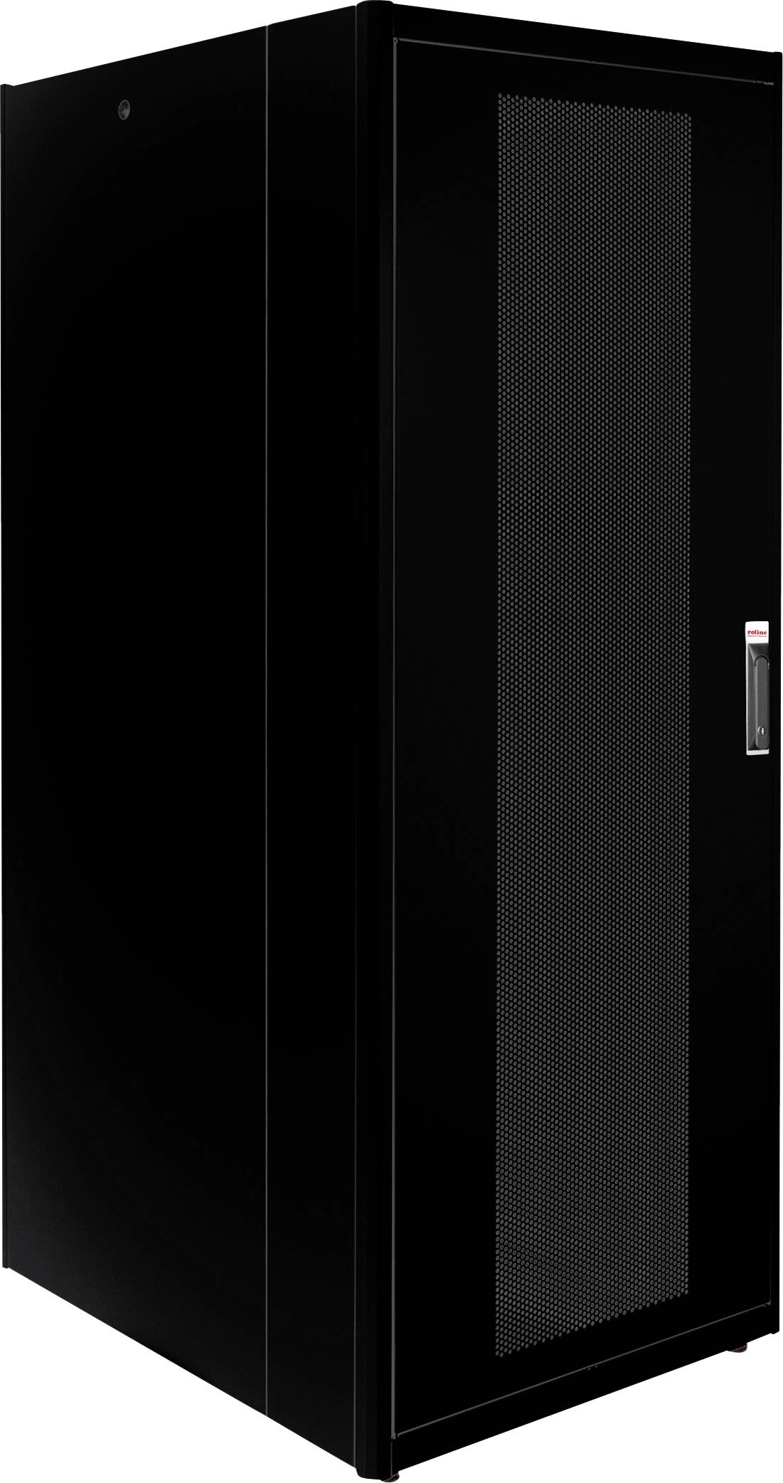 Ein schwarzer Server-Rack-Schrank mit belüfteter Tür, geeignet für IT- und Netzwerkgeräte in einem Rechenzentrum oder Büro.
