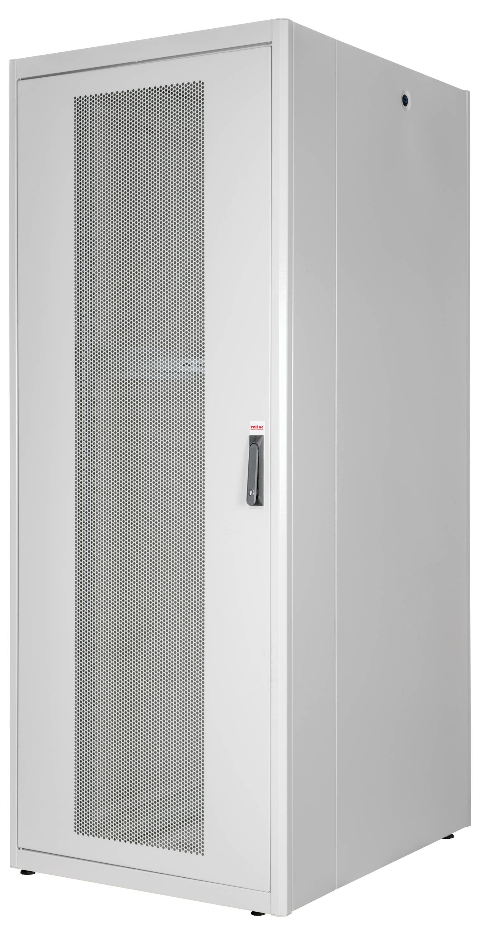 Ein weißer Serverschrank mit perforierter Tür, geeignet für die Unterbringung von IT-Geräten in Data-Centern.