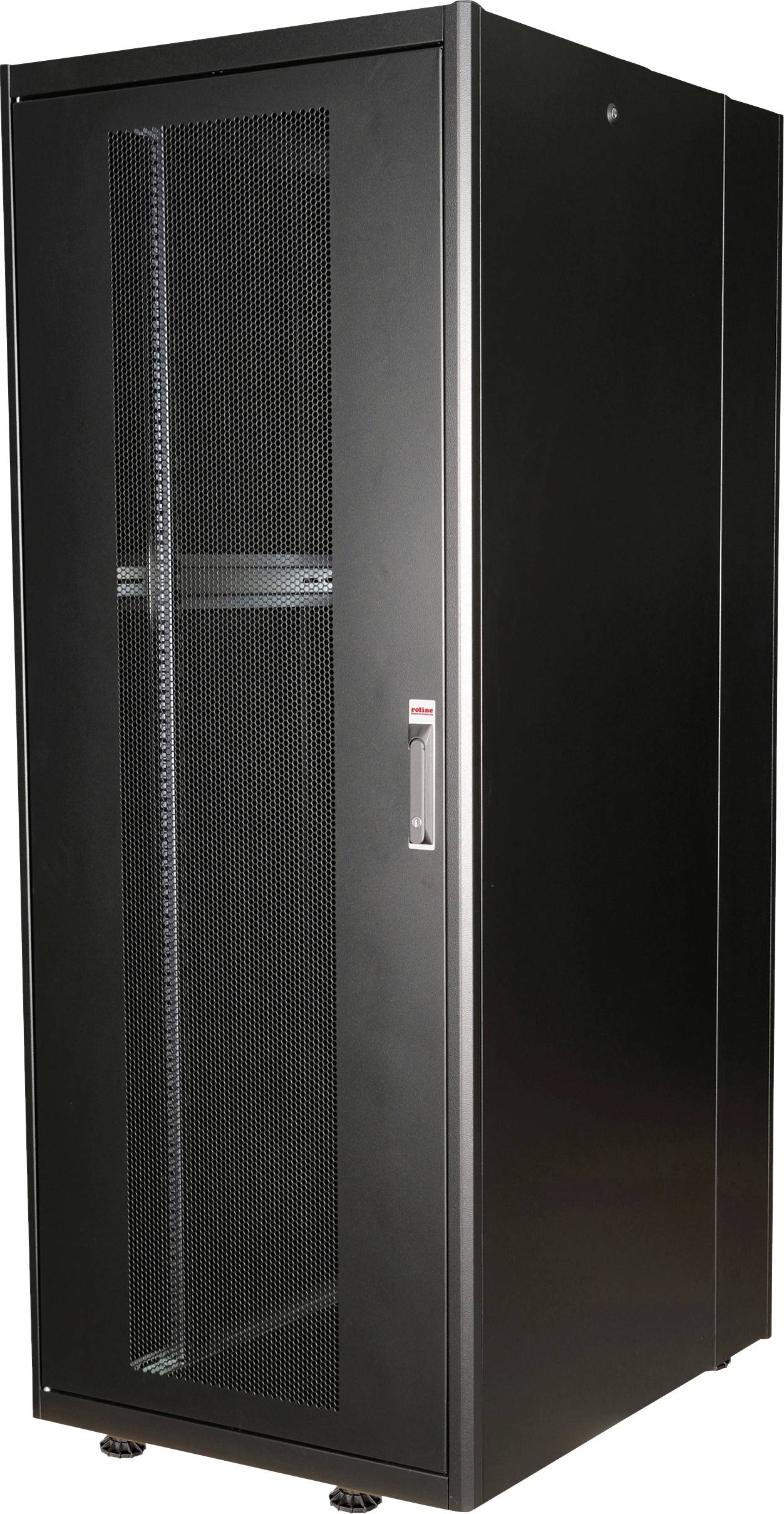 Ein schwarzer Serverrack mit Gittertür, geeignet zur sicheren Aufbewahrung und Kühlung von Netzwerkgeräten in Rechenzentren.