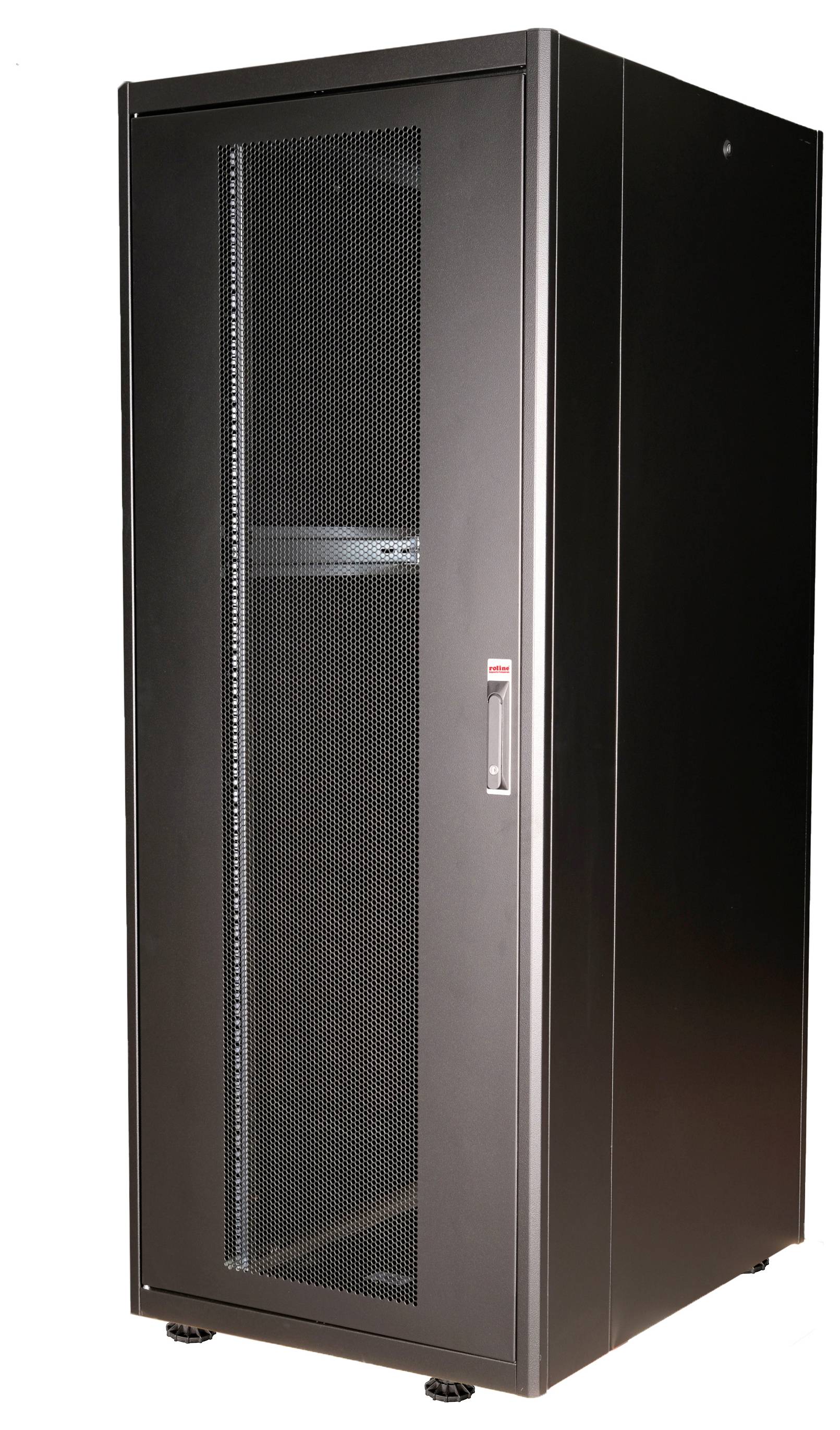Schwarzes Server-Rack mit Gittertür und Griff, geeignet zur sicheren Aufbewahrung von Netzwerk- und Computerhardware in einem Rechenzentrum.