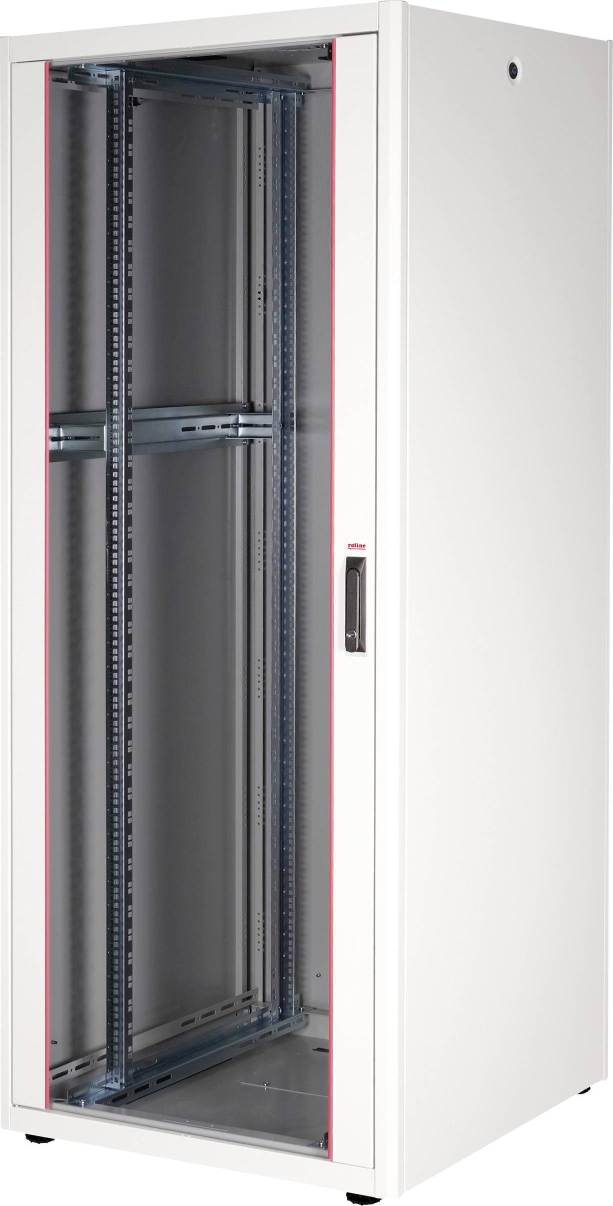 Ein leeres, stehendes Server-Rack-Gehäuse mit Glastür und Metallrahmen. Es eignet sich zur Unterbringung von IT- oder Netzwerkausrüstung.