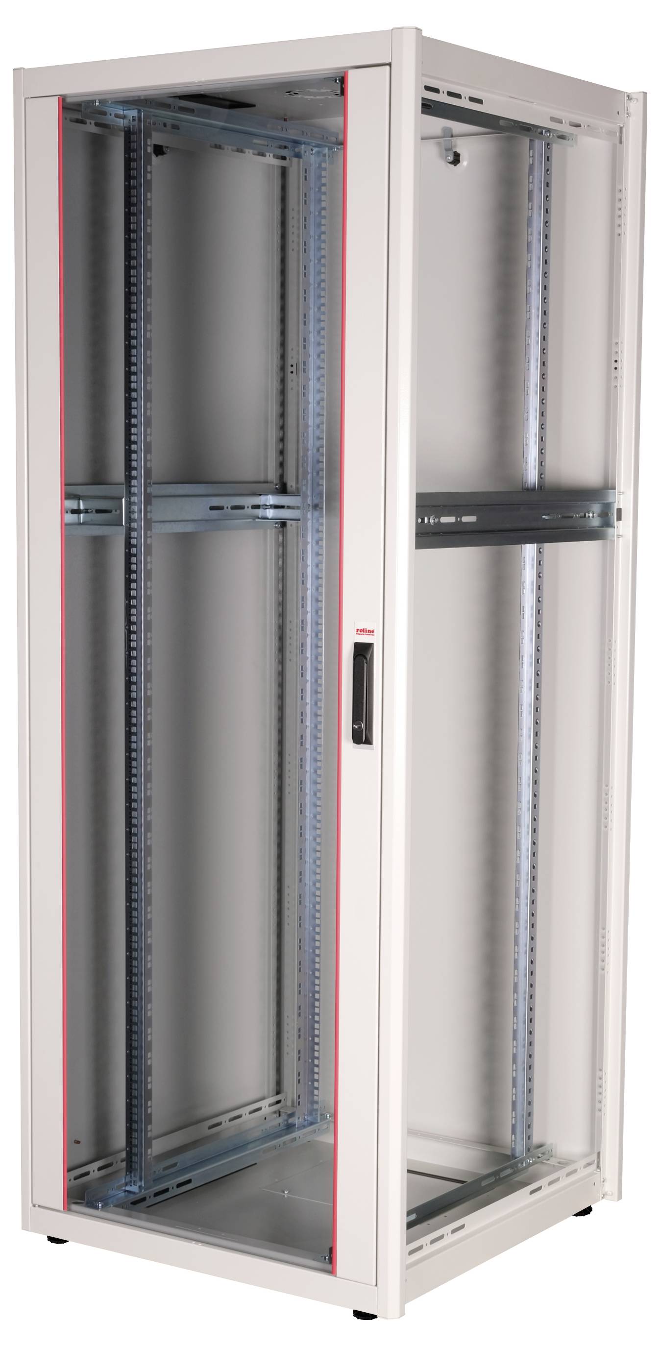 Ein weißer Server-Rack-Schrank mit Glastür und Metallrahmen in einem leeren Raum, geeignet zur Aufbewahrung von IT-Geräten.