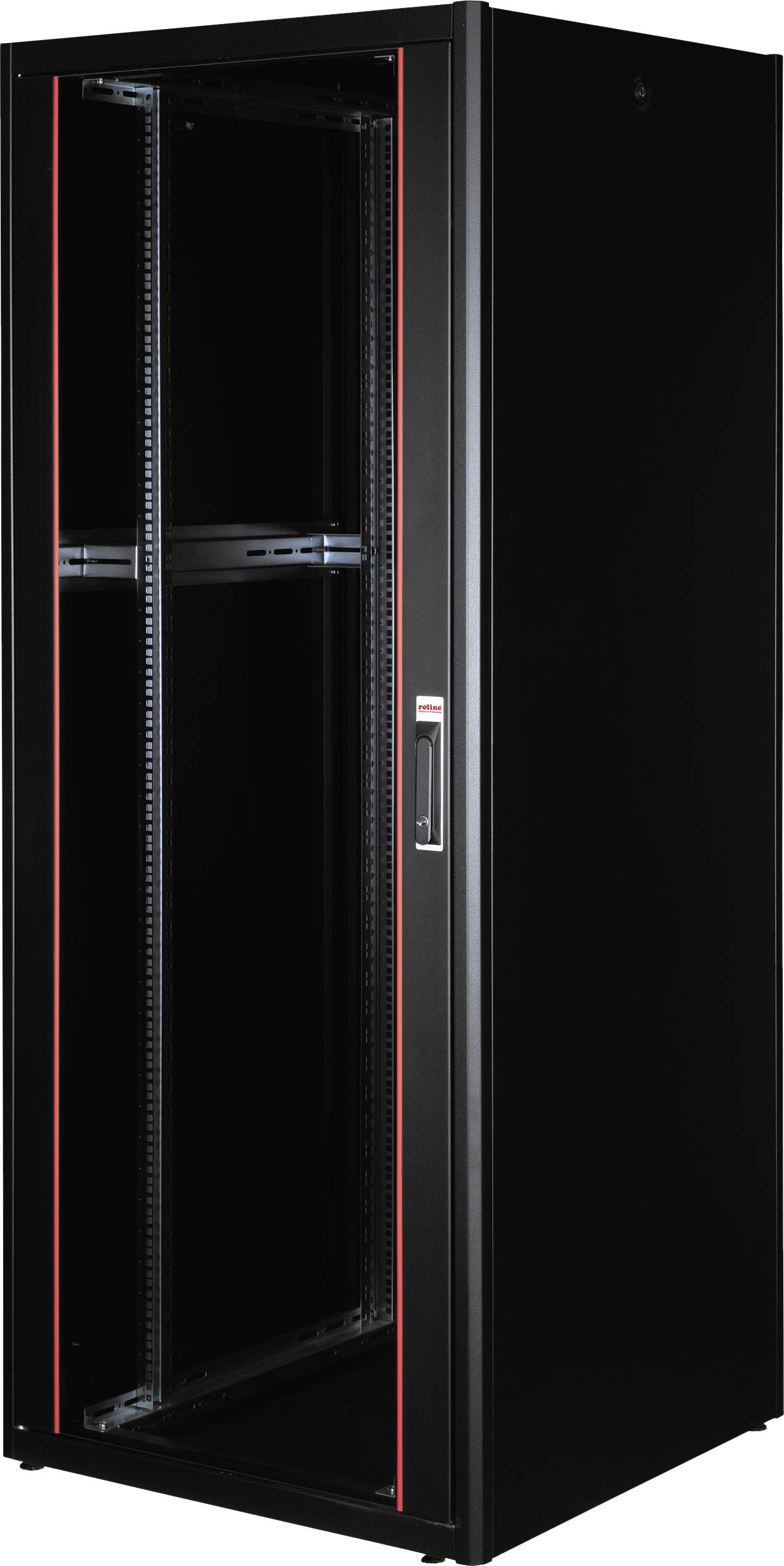 Schwarzer Server-Rack-Schrank mit rotem Akzent, leer, steht in einem Raum. Sorgt für ordentliche Unterbringung von Server-Hardware.