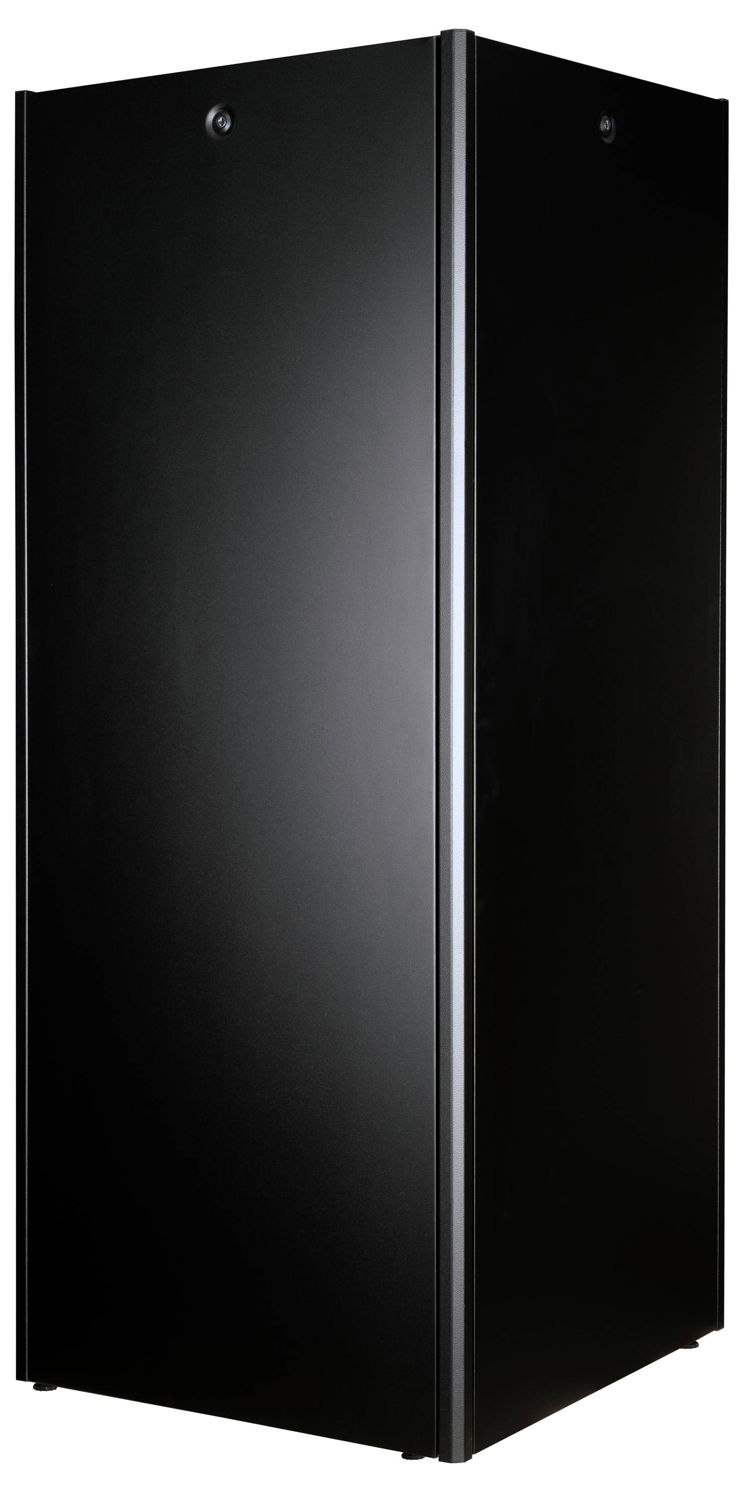Schwarzer, schlichter Server-Rack mit geschlossenem Gehäuse, geeignet zur Aufbewahrung und Kühlung von IT-Equipment.