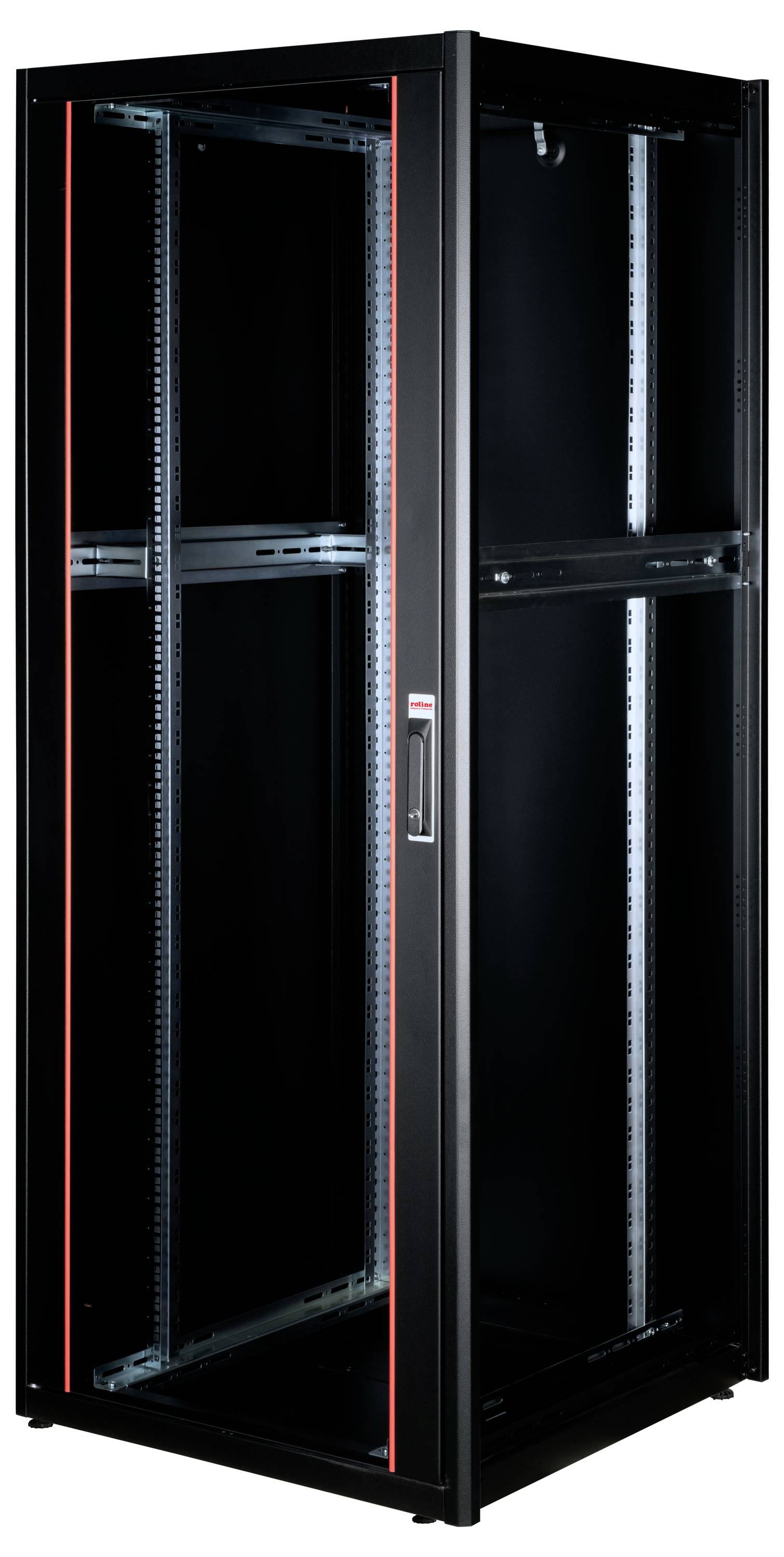 Schwarzes Server-Rack-Gehäuse aus Metall mit Glastür, geeignet für IT-Netzwerk- und Serverinstallationen in Rechenzentren.