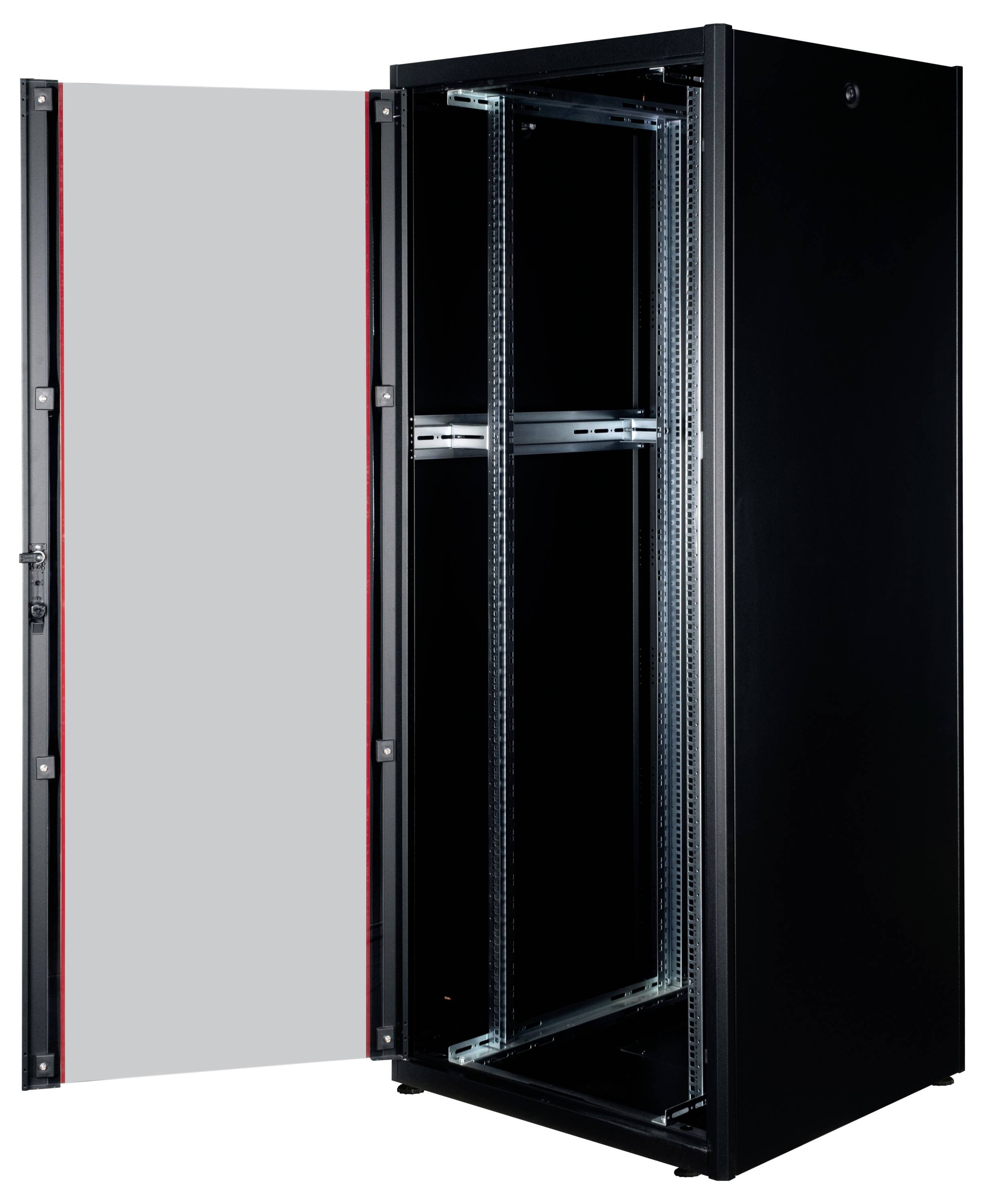 Schwarzer Server-Rack-Schrank mit geöffneter Tür. Innen sind Metallrahmen zur Montage von Geräten sichtbar.